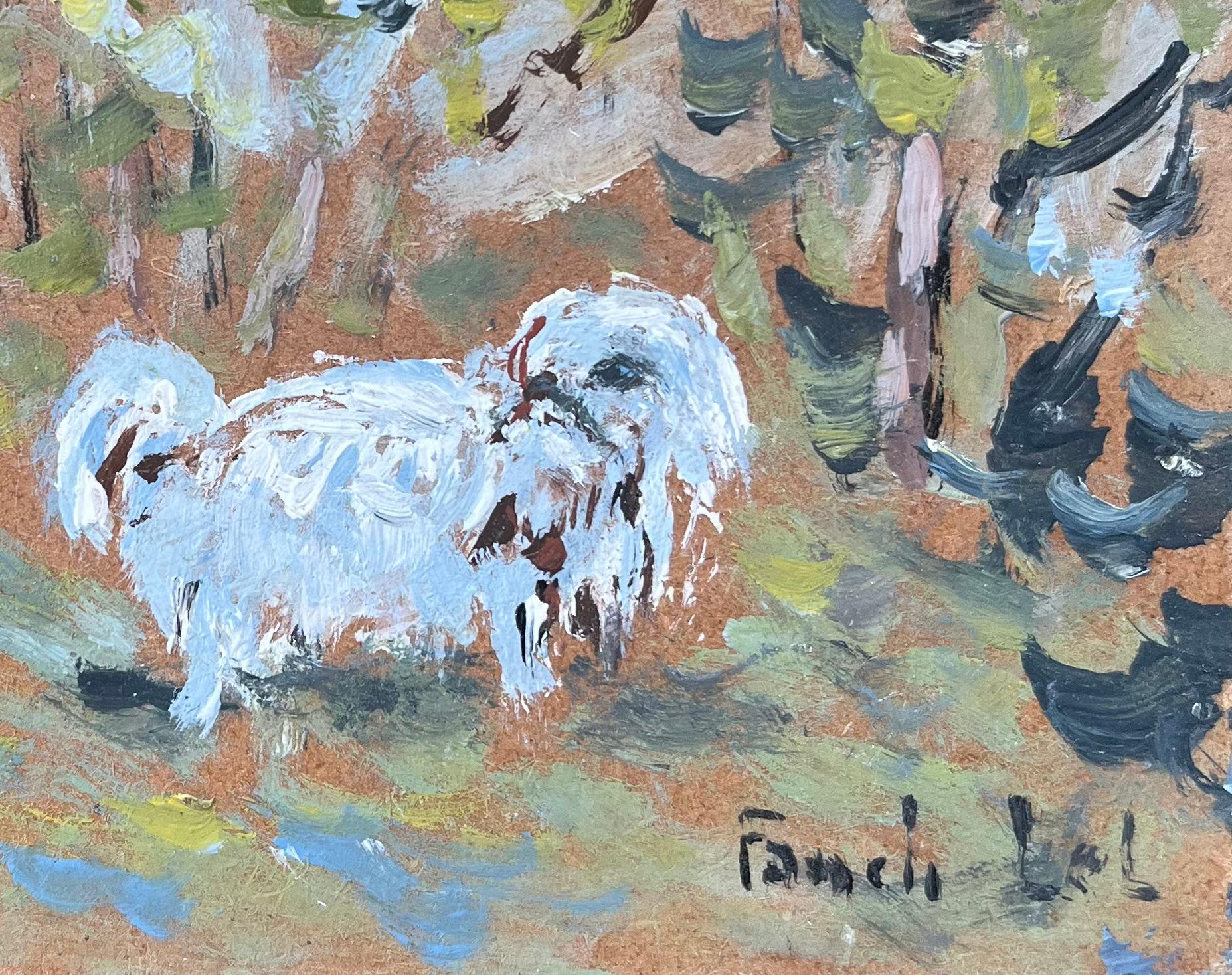 Title: French Impressionist Oil Painting of a Fluffy White Dog on a Walk
By Fanch Lel (French b. 1930)
Size: 4.5 x 6.25 inches (height x width)
Signed: Yes
Oil painting on board, unframed
Condition: The painting is in good condition.
Provenance: All