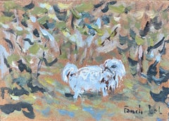 Pintura al óleo impresionista francesa de un esponjoso perro blanco de paseo