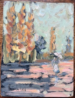 Peinture à l'huile impressionniste française d'une femme se promenant avec un parasol parmi des arbres