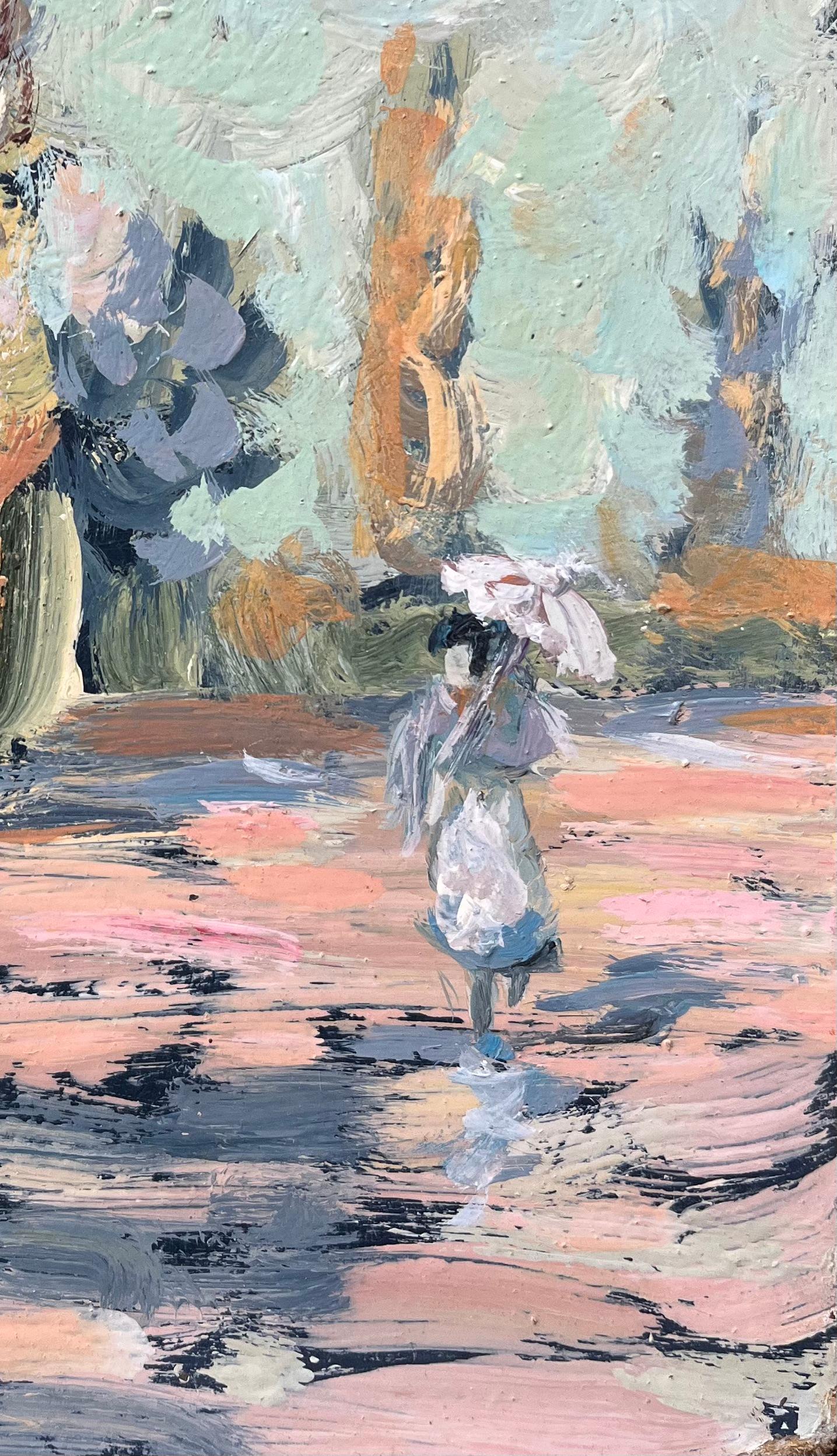 Quadro a olio impressionista francese raffigurante una signora che passeggia con l'ombrellino tra gli alberi - Painting Impressionismo di Fanch Lel