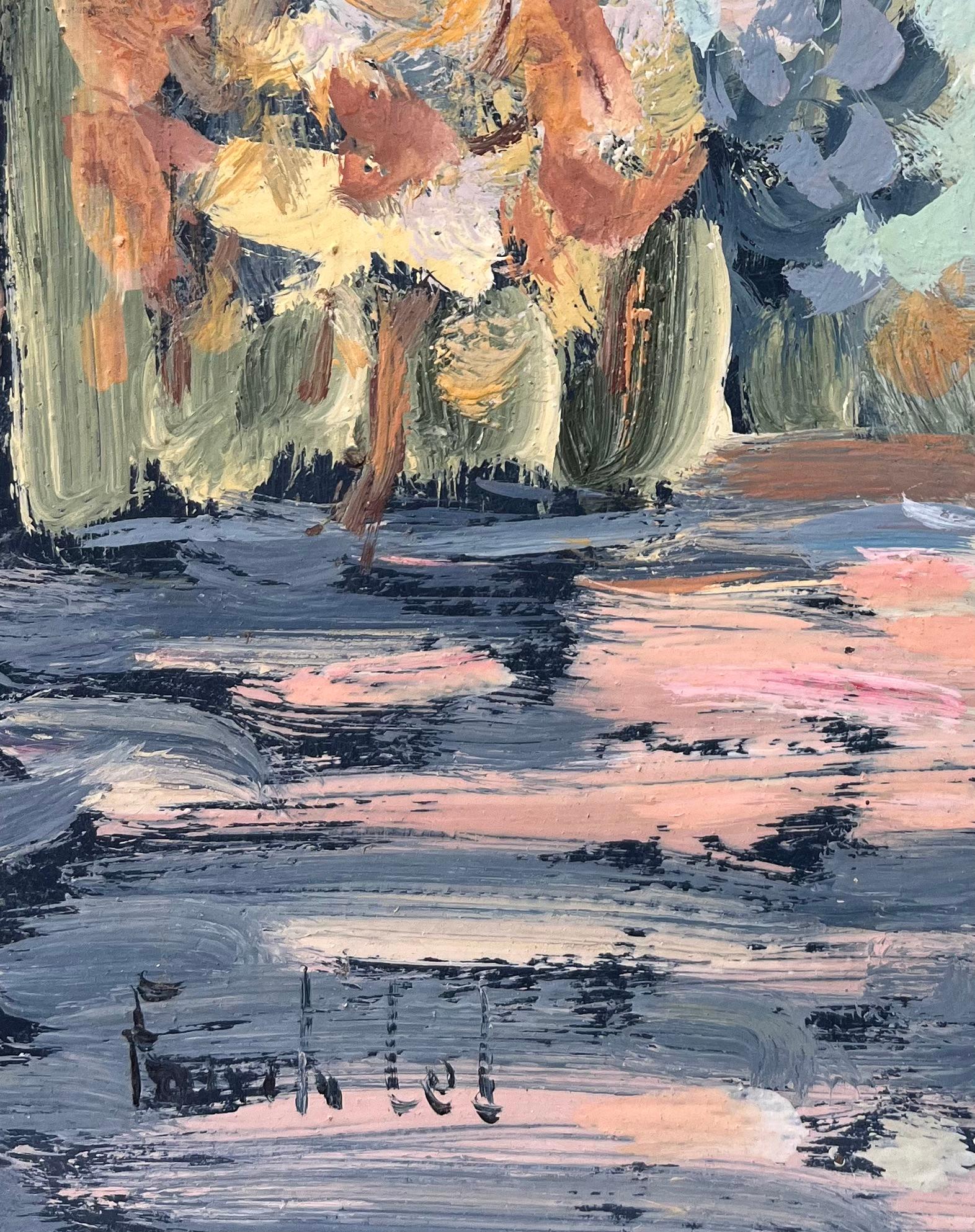 Quadro a olio impressionista francese raffigurante una signora che passeggia con l'ombrellino tra gli alberi - Figurative Painting Grigio di Fanch Lel