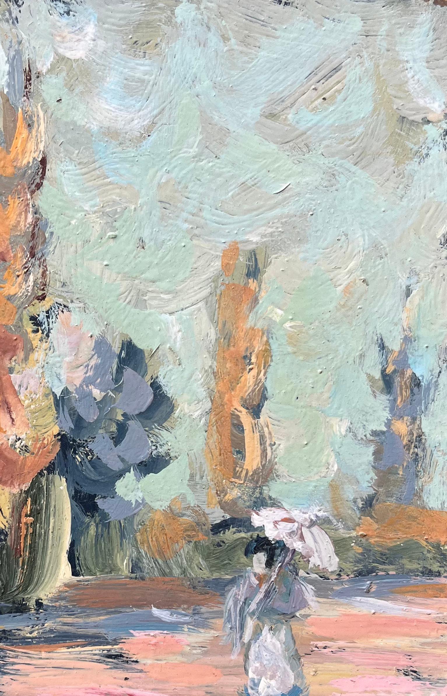 Quadro a olio impressionista francese raffigurante una signora che passeggia con l'ombrellino tra gli alberi in vendita 1