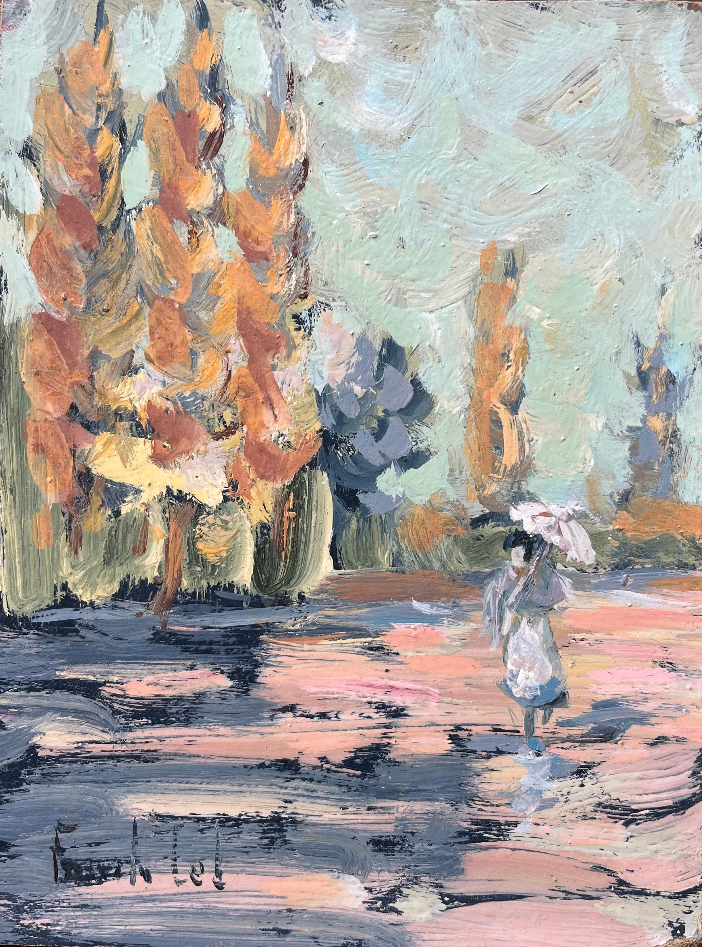 Figurative Painting di Fanch Lel - Quadro a olio impressionista francese raffigurante una signora che passeggia con l'ombrellino tra gli alberi