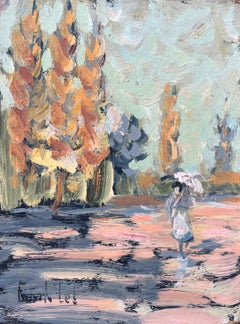 French Impressionist Oil Painting of a Lady Strolling with Parasol Among Trees