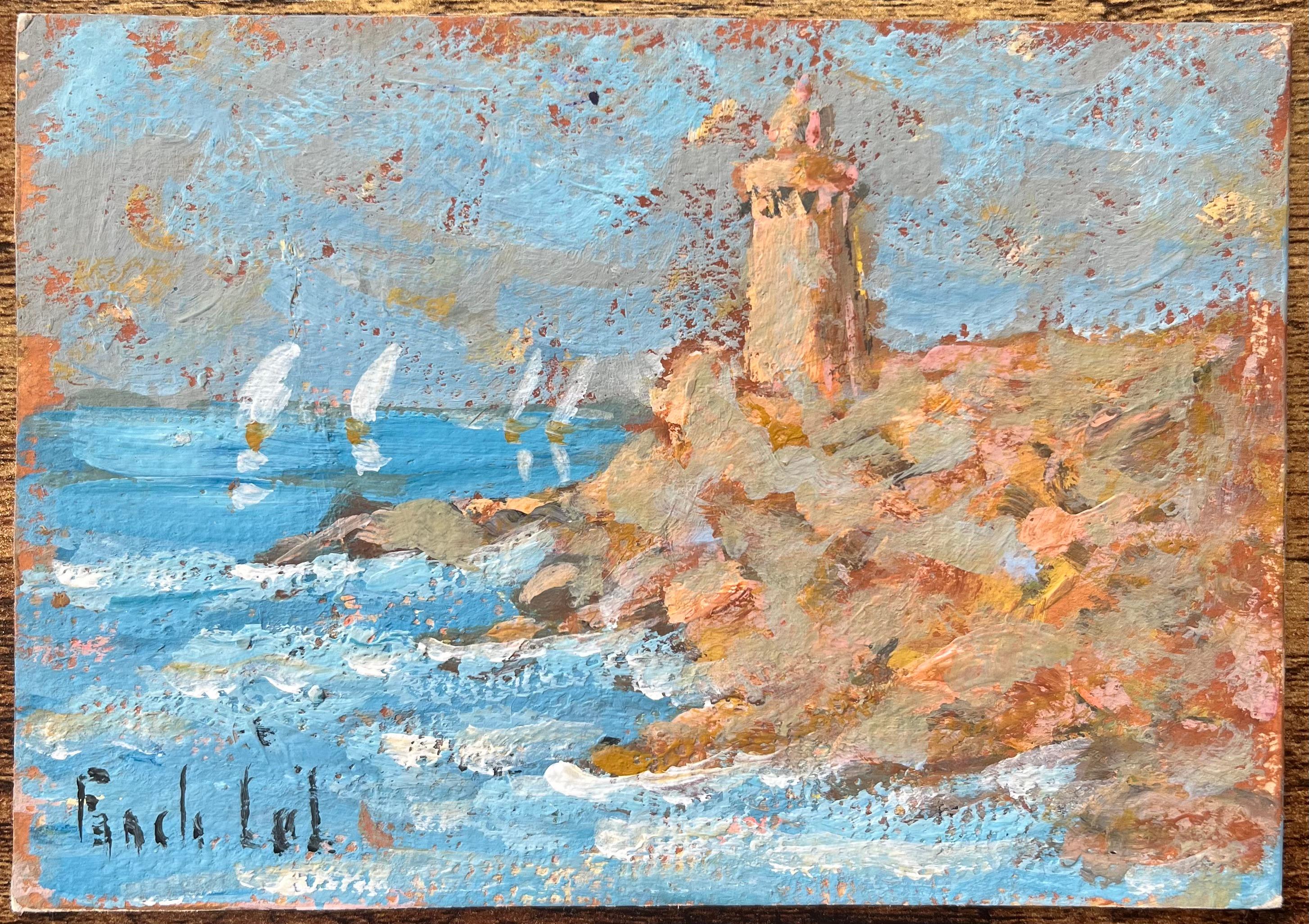 Óleo impresionista francés de un faro en Finistère Nord - Painting de Fanch Lel