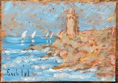 Quadro a olio impressionista francese raffigurante un faro a Finistère Nord