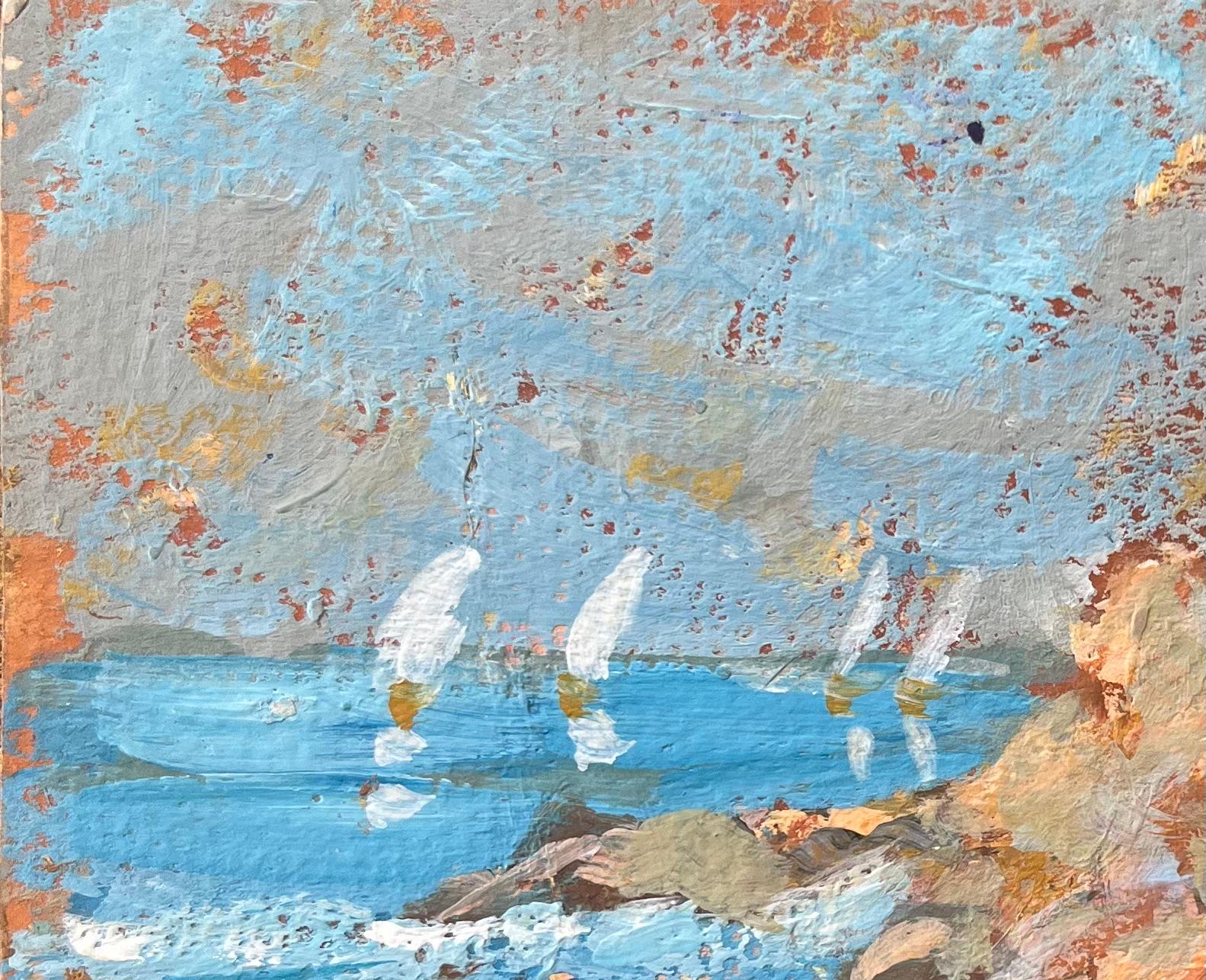 Óleo impresionista francés de un faro en Finistère Nord - Landscape Painting Gris de Fanch Lel
