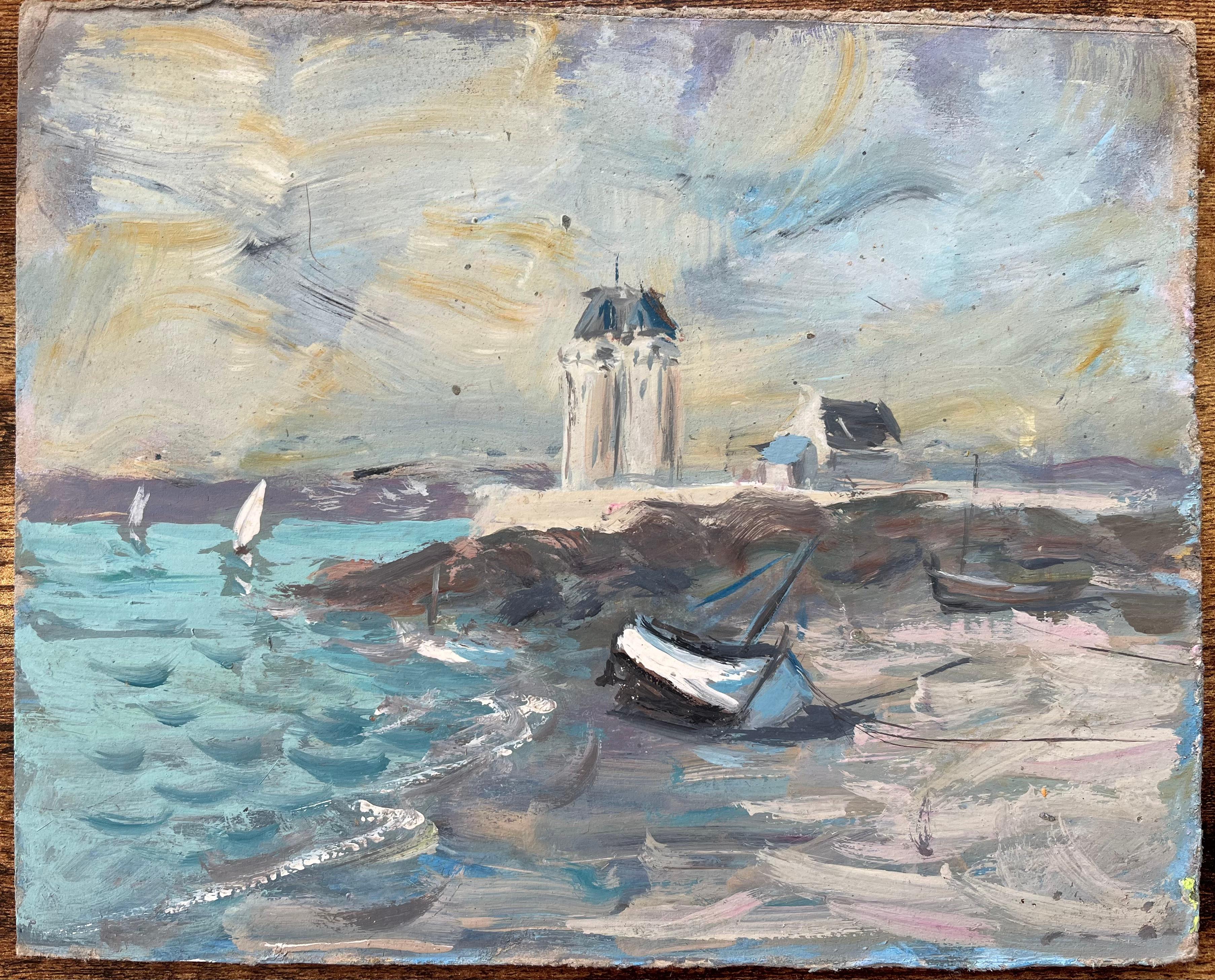 Französisches impressionistisches Ölgemälde eines Leuchtturms auf einem Felsenabgrund, Ölgemälde – Painting von Fanch Lel