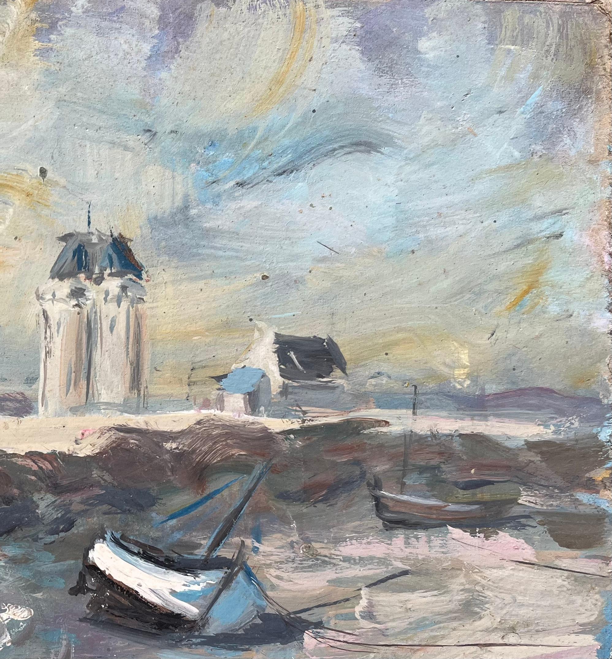 Französisches impressionistisches Ölgemälde eines Leuchtturms auf einem Felsenabgrund, Ölgemälde (Grau), Landscape Painting, von Fanch Lel