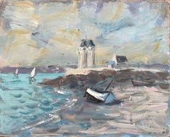 French Impressionist Oil Painting of a Lighthouse Perched on a Rocky Outcrop