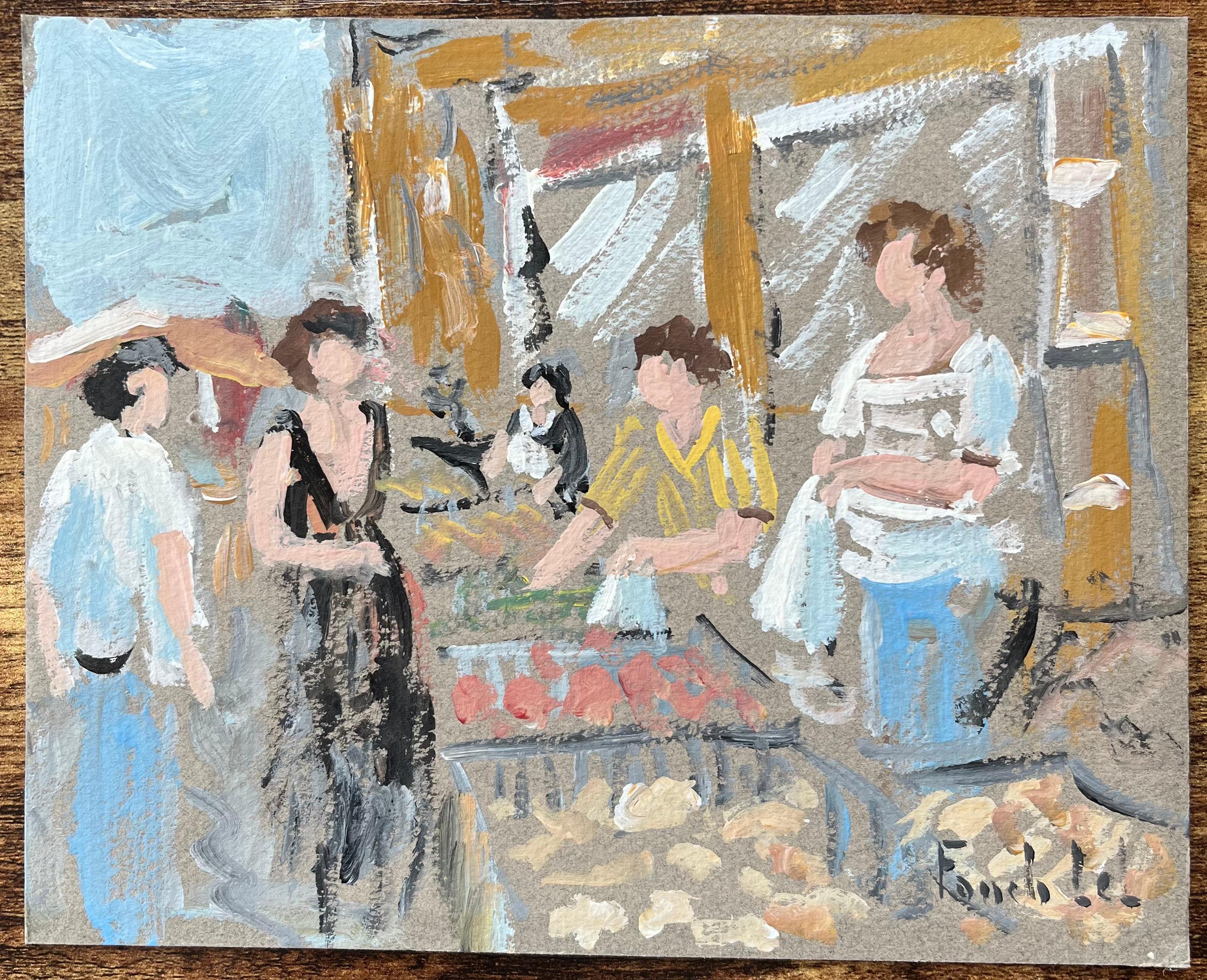 French Impressionist Oil Painting of a Market Scene in Dol-de-Bretagne - Gray Landscape Painting by Fanch Lel