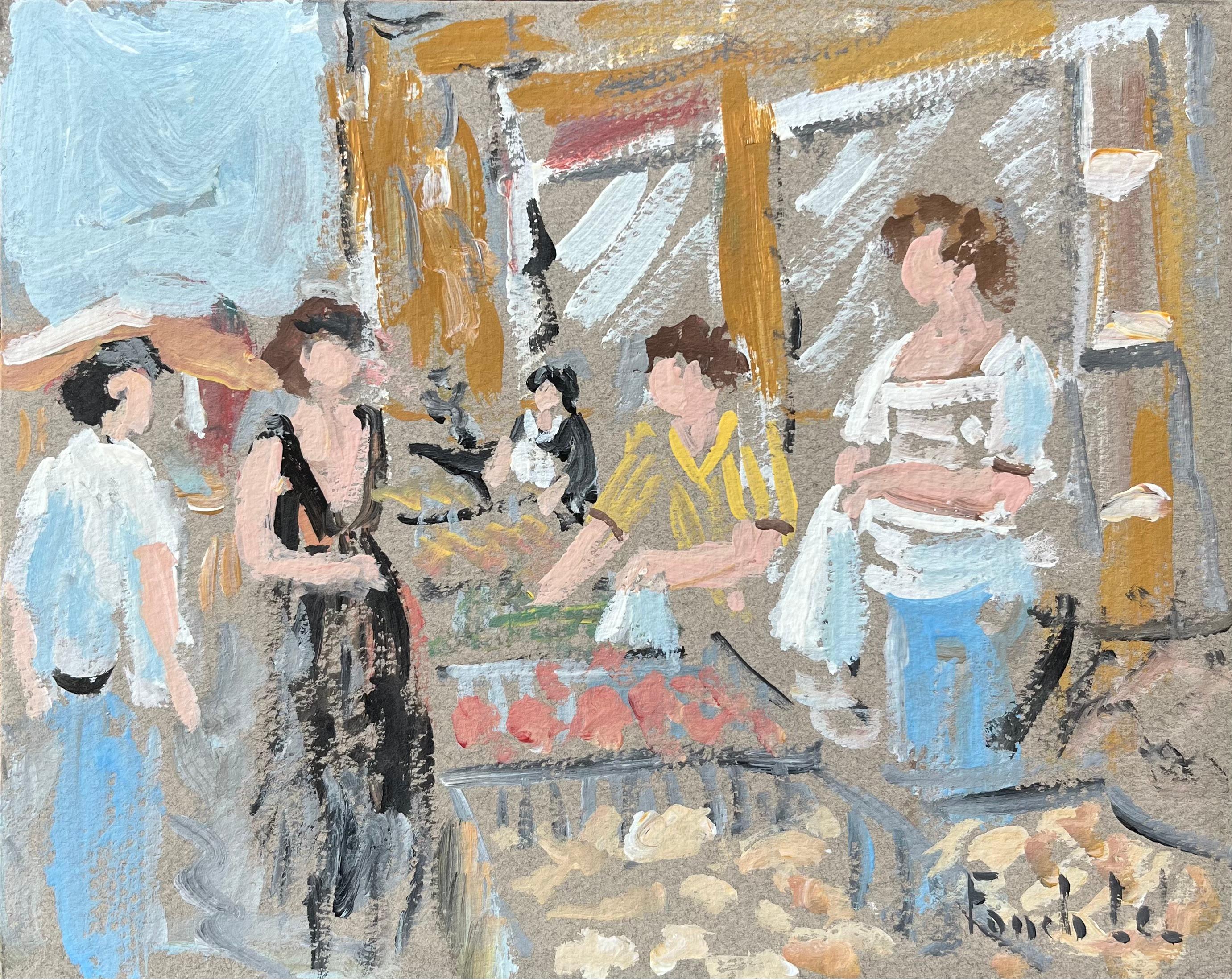 Fanch Lel Landscape Painting - French Impressionist Oil Painting of a Market Scene in Dol-de-Bretagne