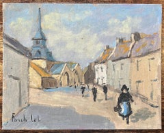 Pittura a olio impressionista francese di un villaggio di Lizio, Morbihan