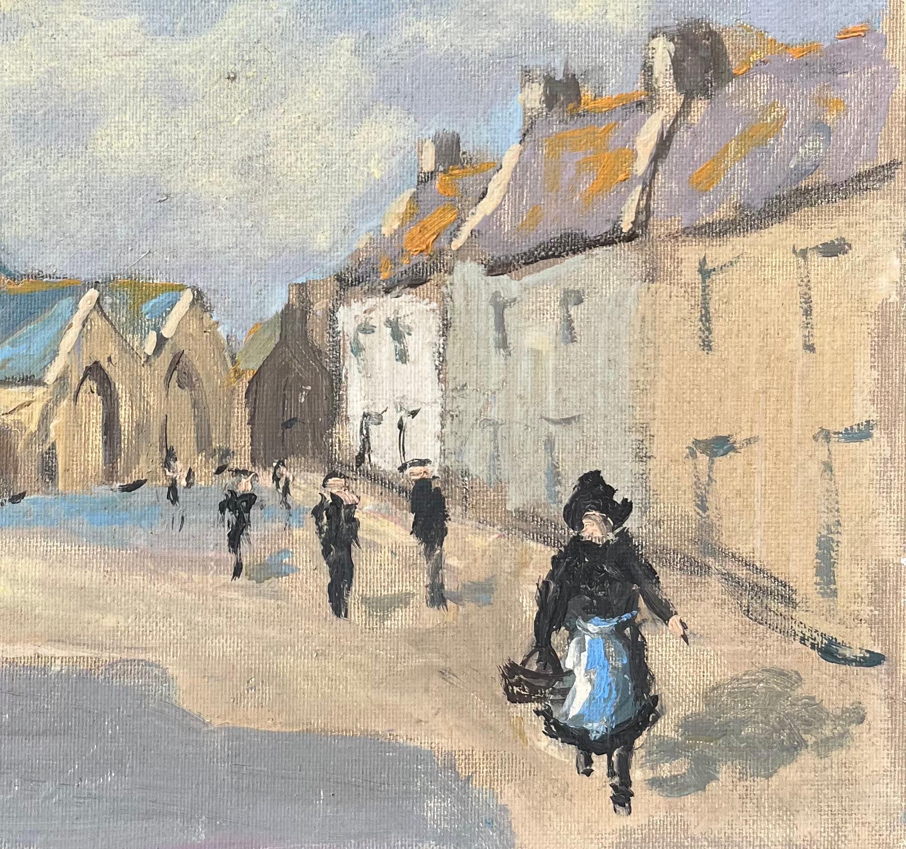 Título: Pintura al óleo impresionista francesa de un de Village de Lizio, Morbihan
Por Fanch Lel (francés, 1930)
Tamaño: 7,5 x 9,5 pulgadas (alto x ancho)
Firmado: Sí
Pintura al óleo sobre cartulina, sin enmarcar
Estado de conservación: El cuadro