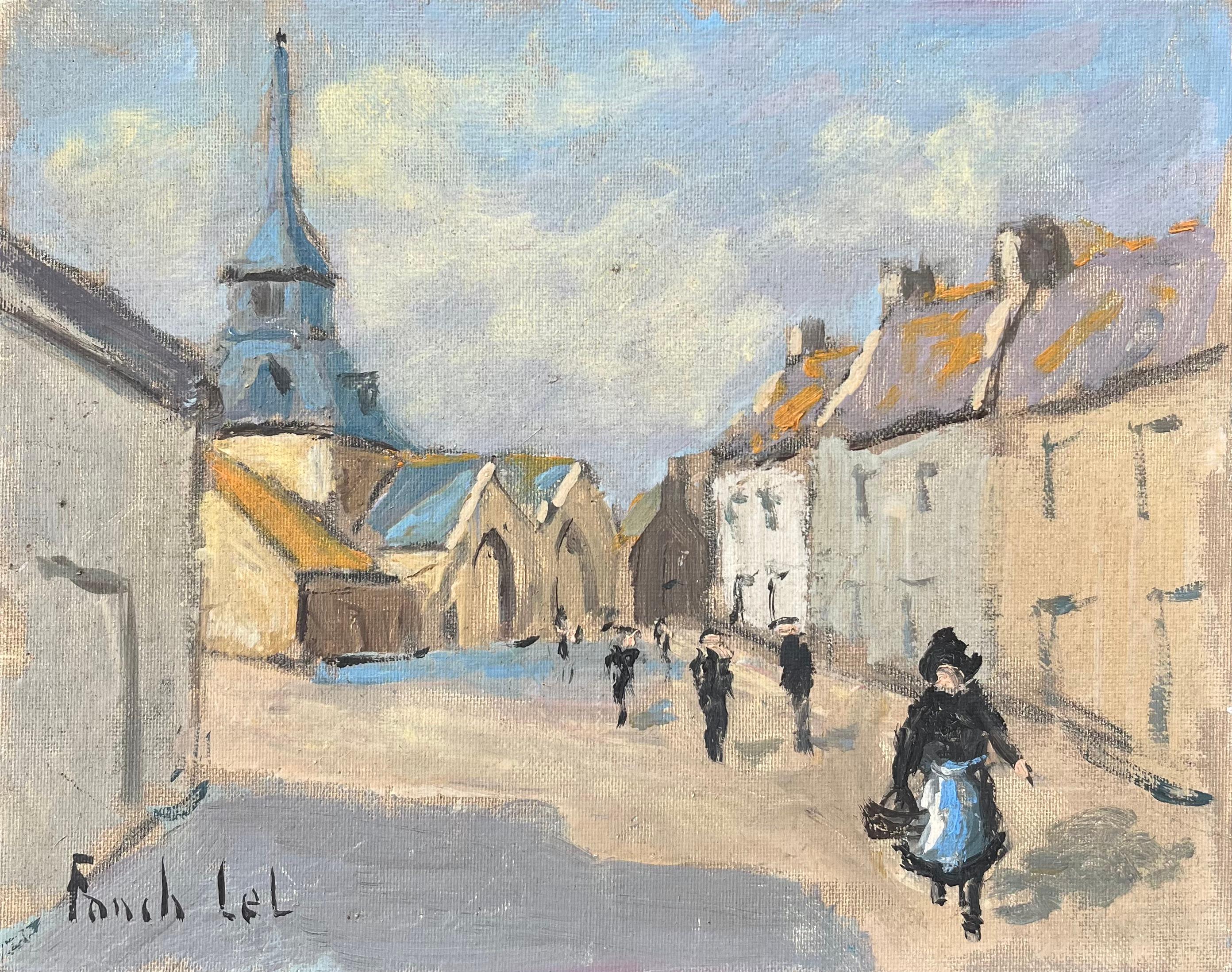 Figurative Painting de Fanch Lel - Pintura al óleo impresionista francesa de un de Village de Lizio, Morbihan
