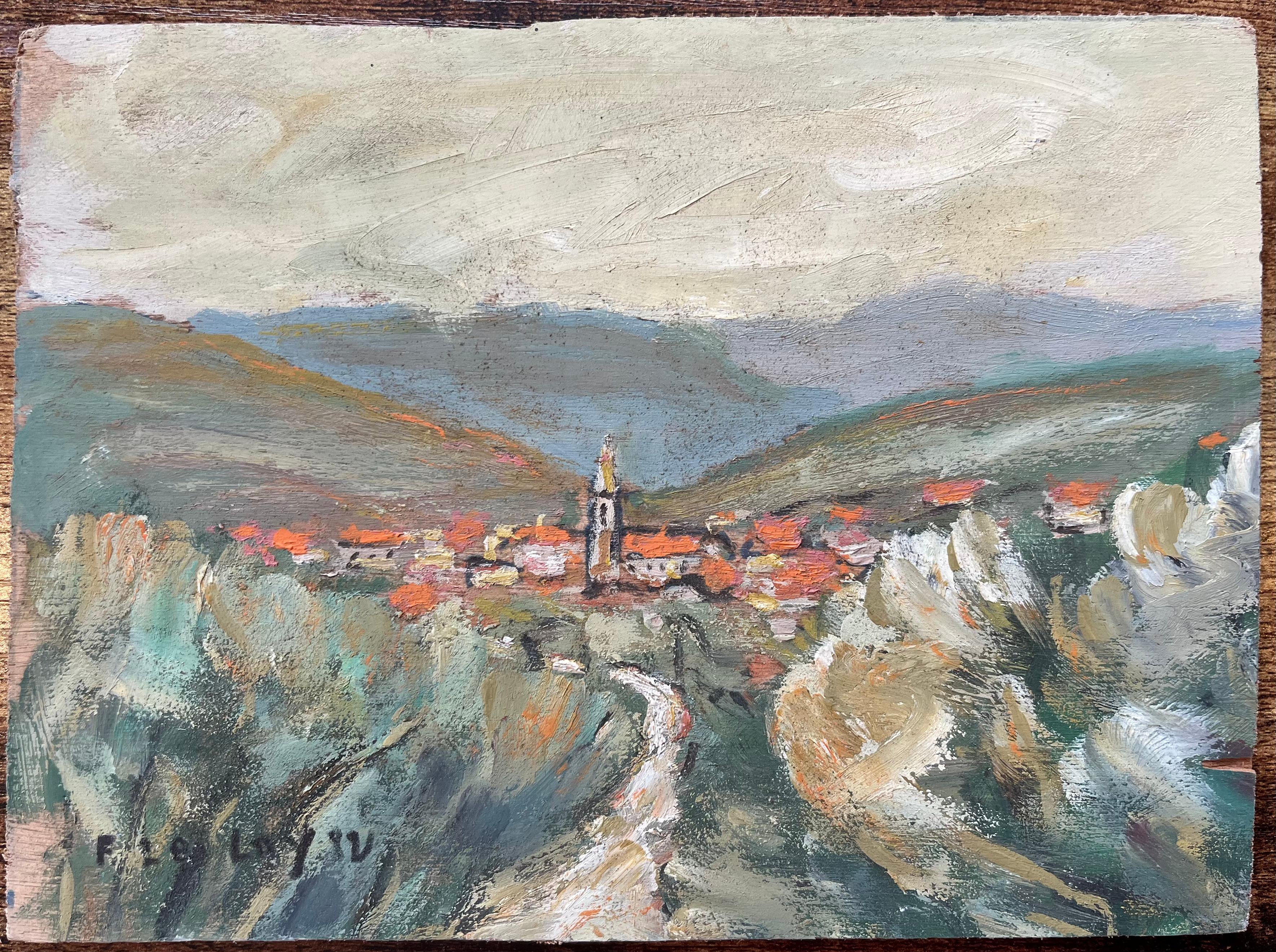 Pittura a olio impressionista francese di un paesaggio di un villaggio provenzale - Painting di Fanch Lel