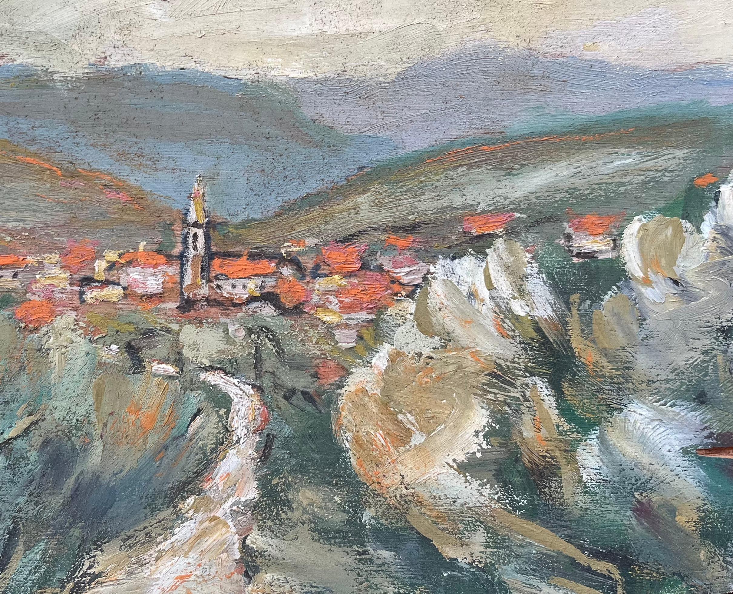 Pittura a olio impressionista francese di un paesaggio di un villaggio provenzale - Landscape Painting Grigio di Fanch Lel