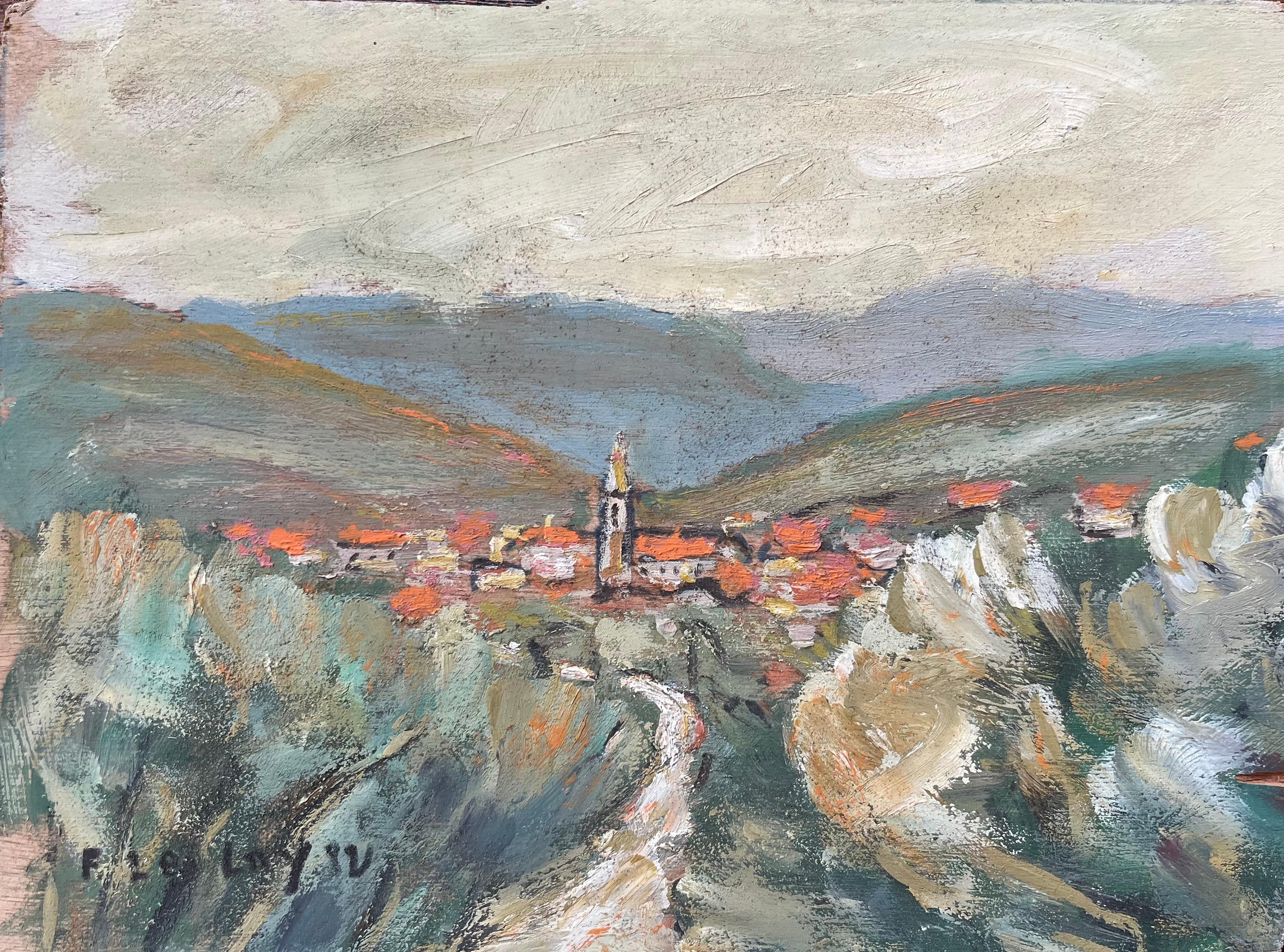 Landscape Painting di Fanch Lel - Pittura a olio impressionista francese di un paesaggio di un villaggio provenzale