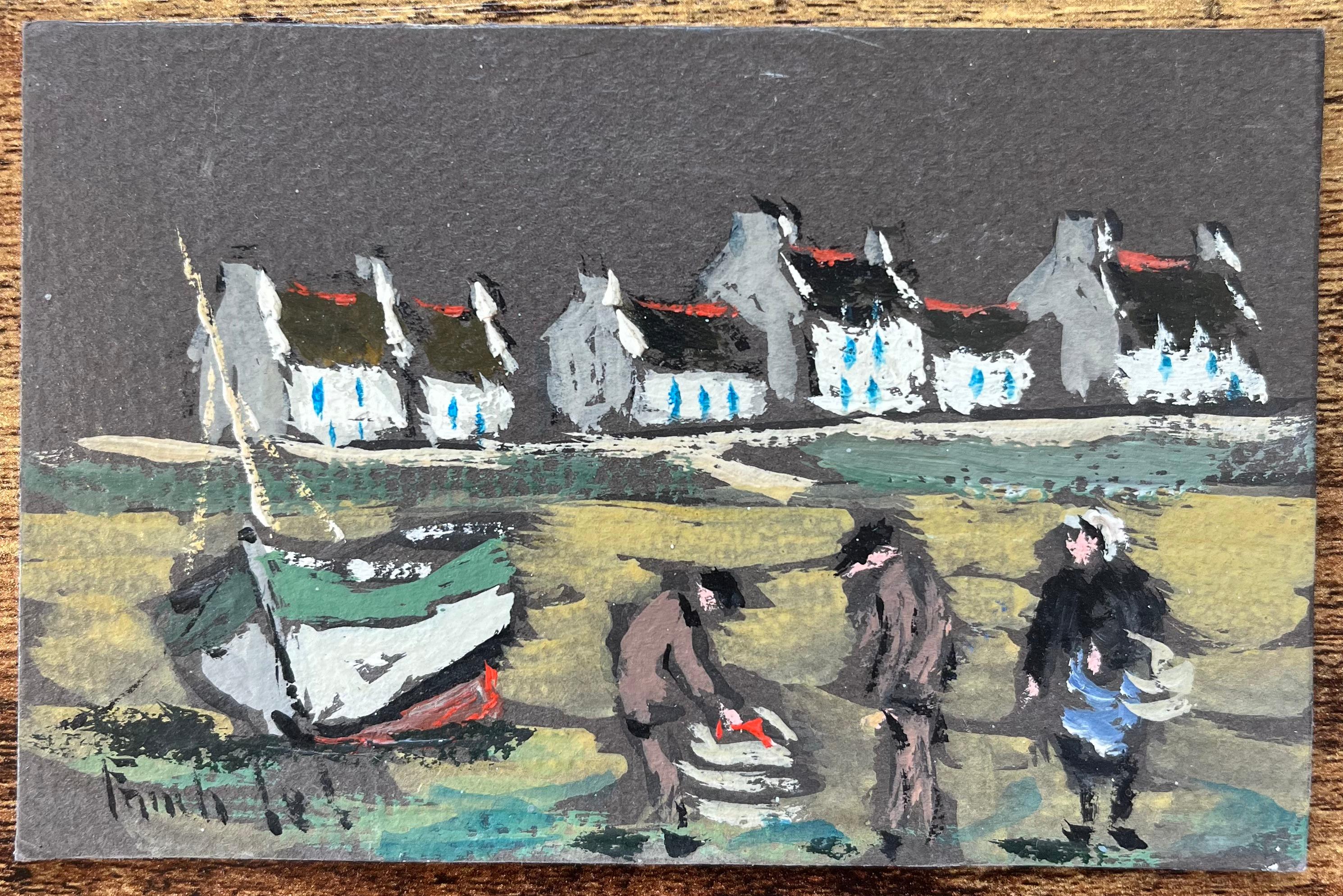 French Impressionist Oil Painting of a Quiet Post-tide Moment in a Small Village - Gray Figurative Painting by Fanch Lel