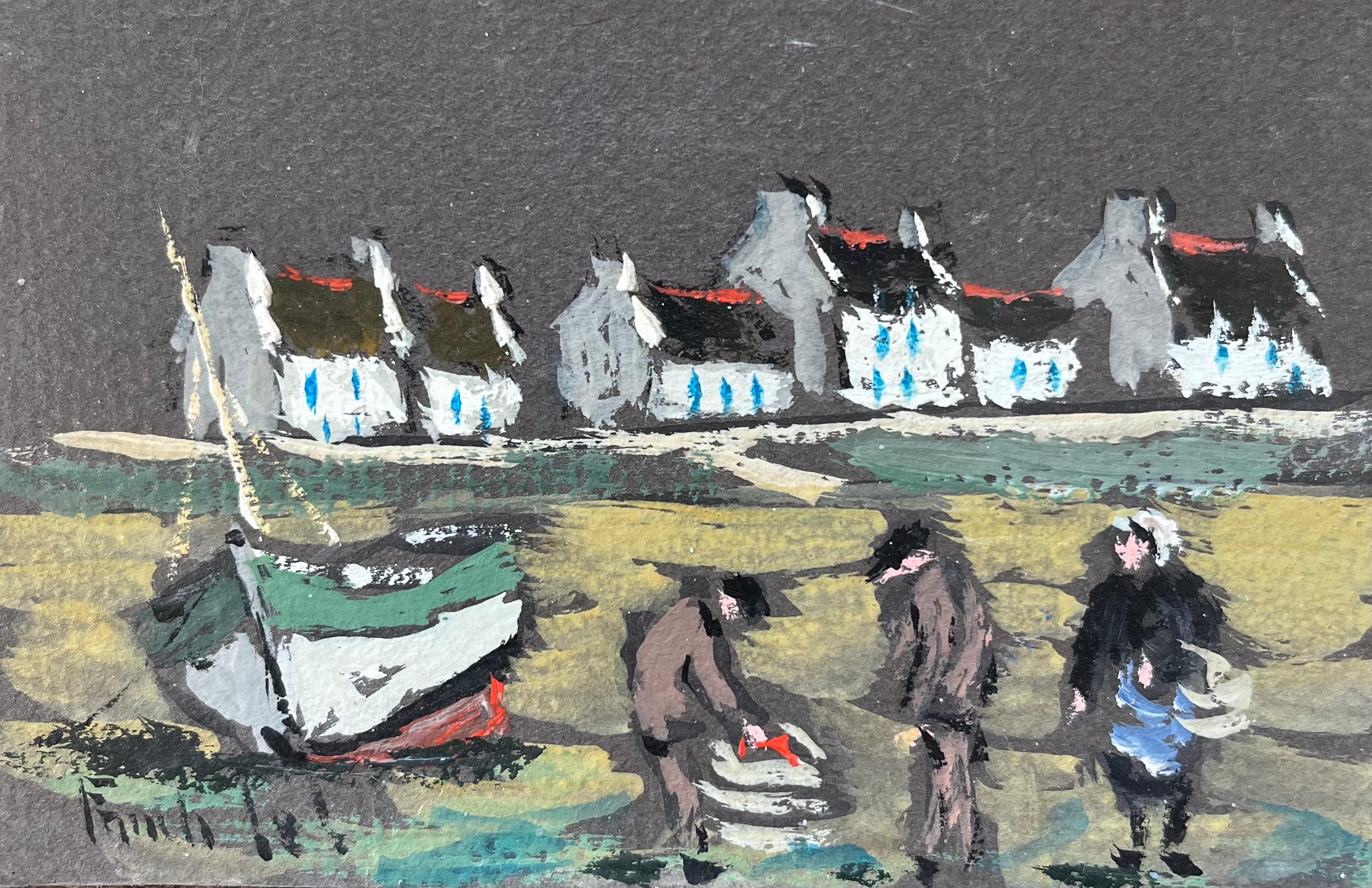Fanch Lel Figurative Painting - French Impressionist Oil Painting of a Quiet Post-tide Moment in a Small Village