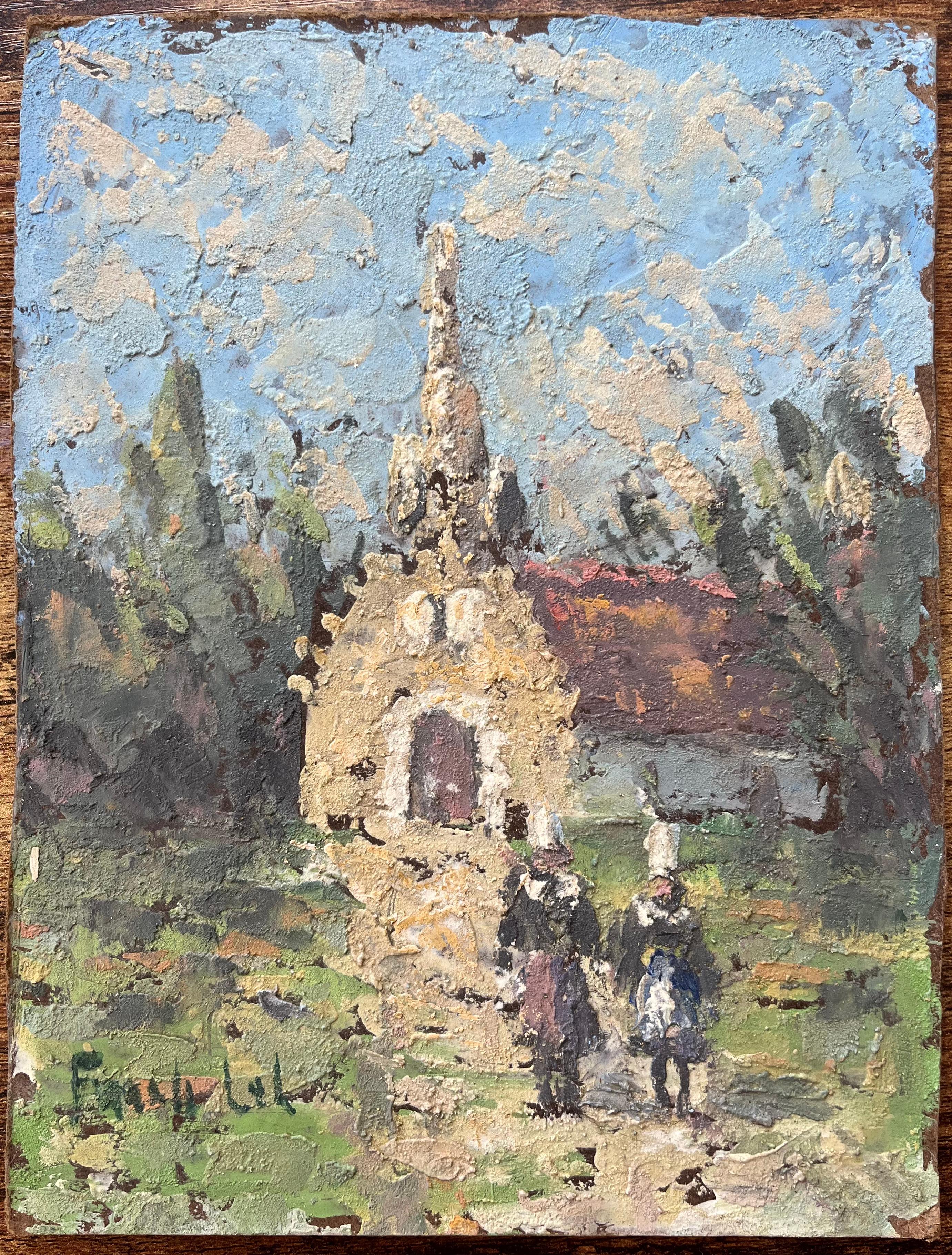 French Impressionist Oil Painting of a Rural Chapel with Figures - Gray Figurative Painting by Fanch Lel