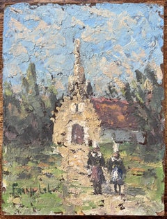 French Impressionist Oil Painting of a Rural Chapel with Figures