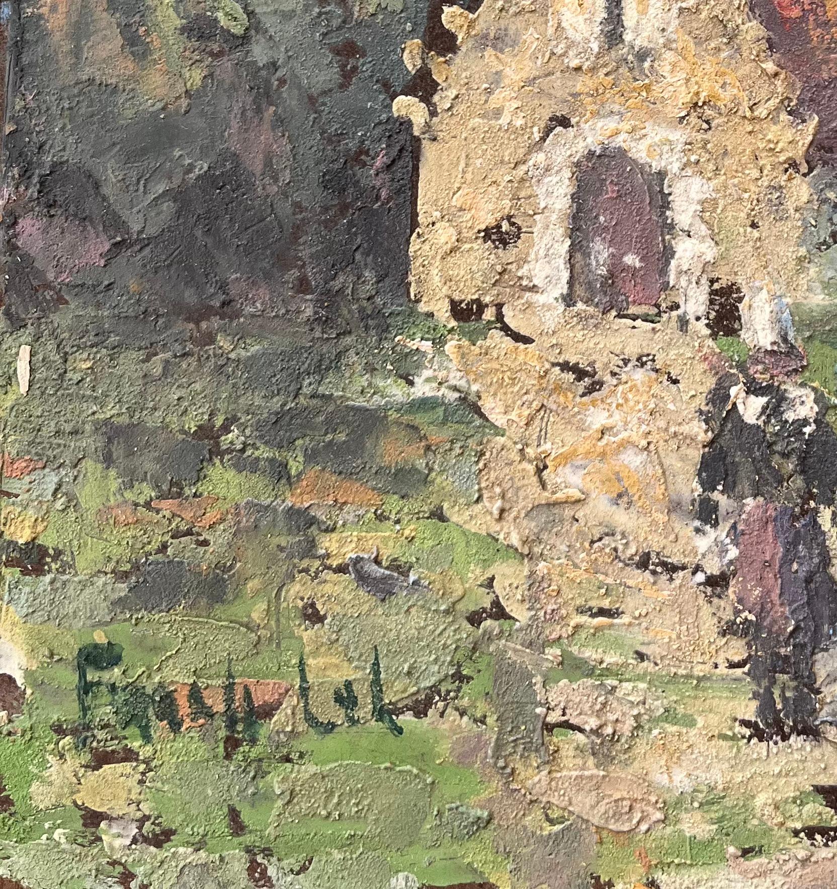 Title: French Impressionist Oil Painting of a Rural Chapel with Figures
By Fanch Lel (French b. 1930)
Size: 9.5 x 7 inches (height x width)
Signed: Yes
Oil painting on board, unframed
Condition: The painting is in good condition, with minor signs of