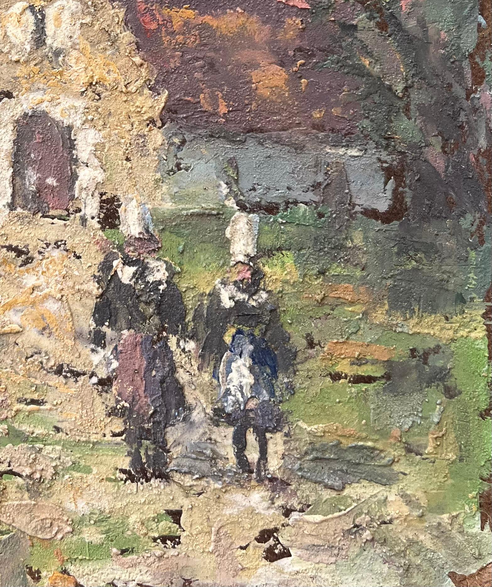 French Impressionist Oil Painting of a Rural Chapel with Figures For Sale 1