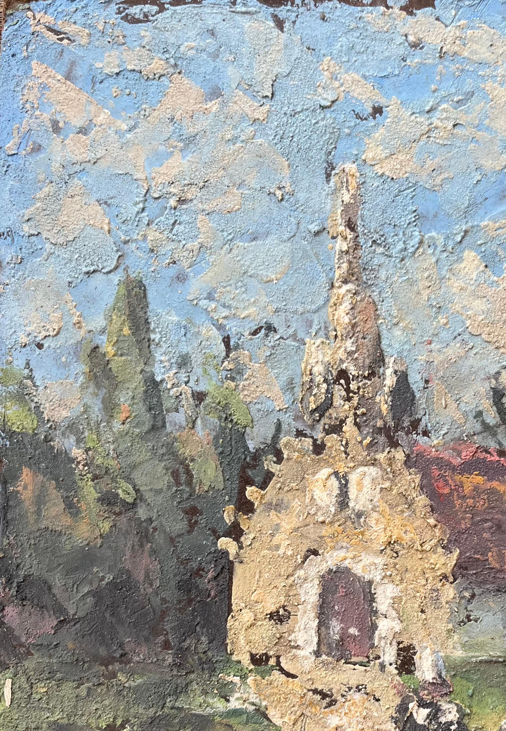 French Impressionist Oil Painting of a Rural Chapel with Figures For Sale 2
