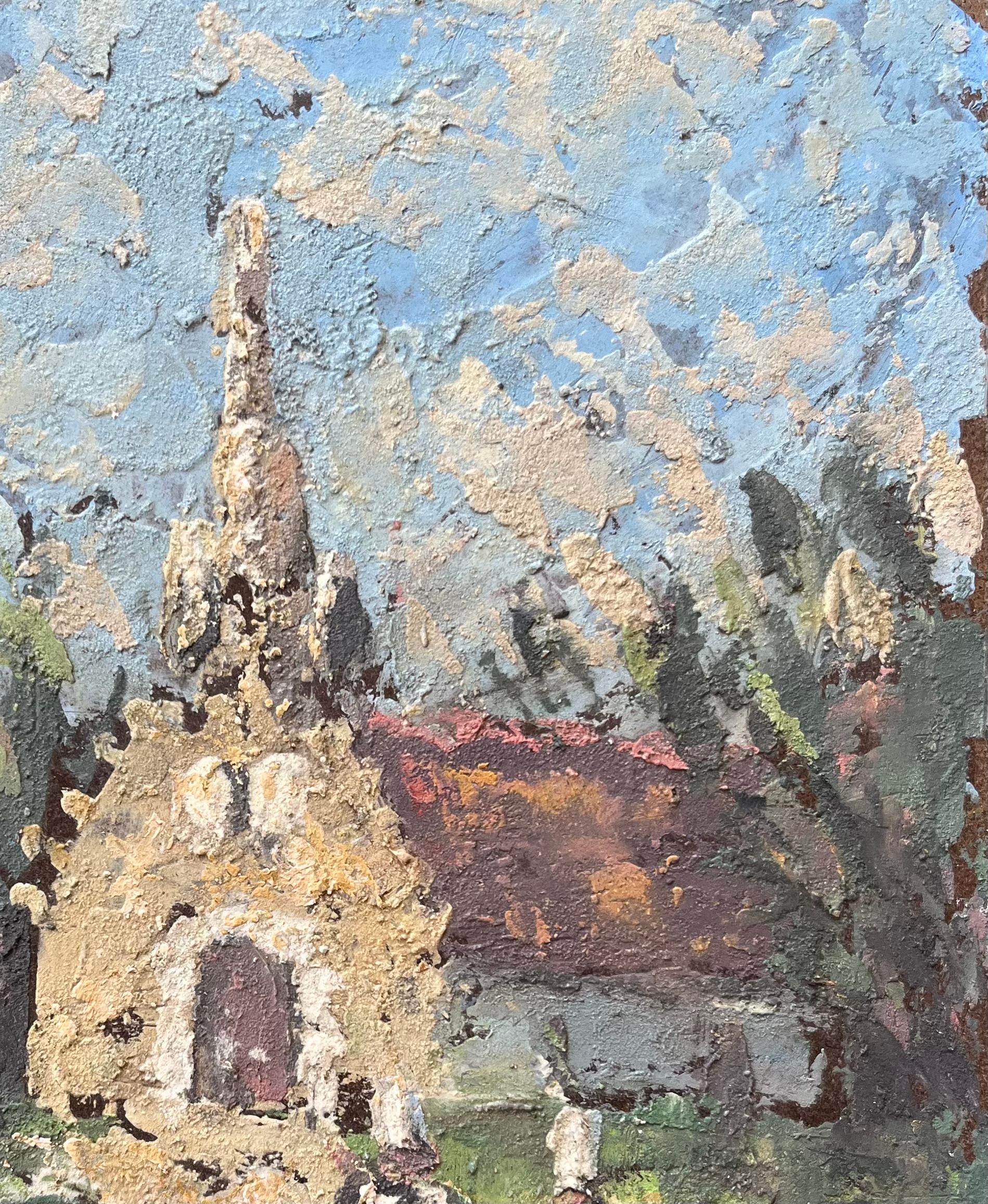 French Impressionist Oil Painting of a Rural Chapel with Figures For Sale 3