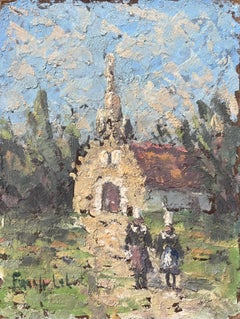 French Impressionist Oil Painting of a Rural Chapel with Figures