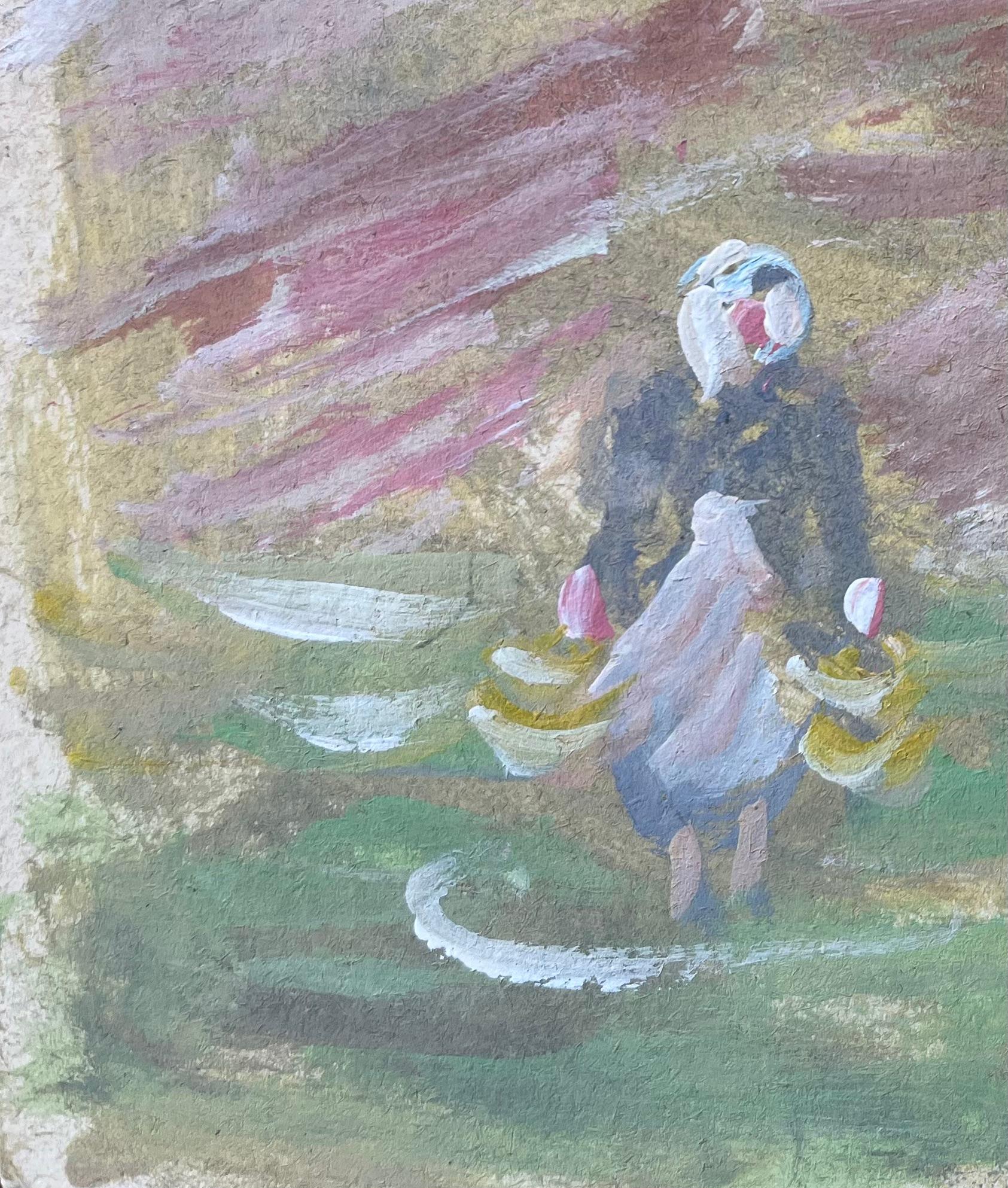 Título: Pintura al óleo impresionista francesa de una escena rural con campesinos
Por Fanch Lel (francés, 1930)
Tamaño: 5,25 x 6,25 pulgadas (alto x ancho)
Óleo sobre cartón, sin enmarcar
Estado de conservación: El cuadro está en buen