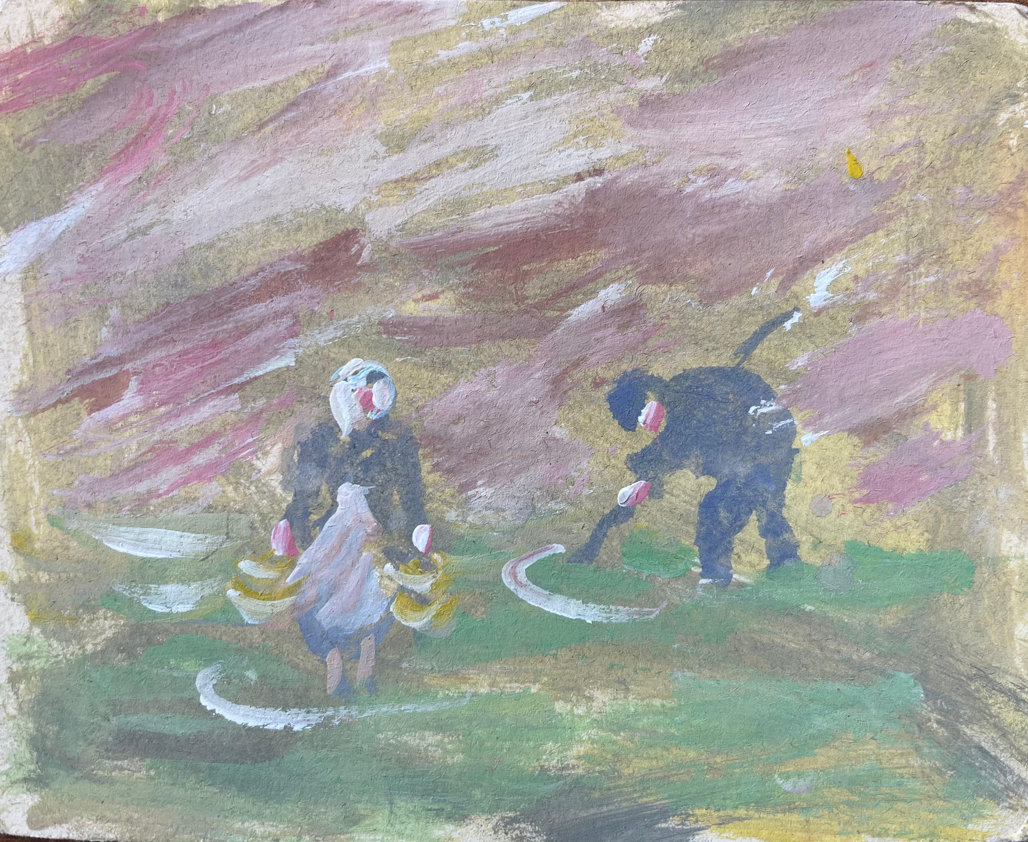 Figurative Painting de Fanch Lel - Pintura al óleo impresionista francesa de una escena rural con granjeros