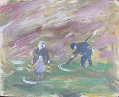 Pintura al óleo impresionista francesa de una escena rural con granjeros
