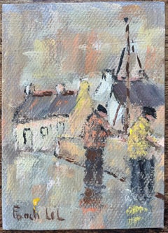 Dipinto a olio impressionista francese raffigurante una scena di due figure lungo un porto tranquillo