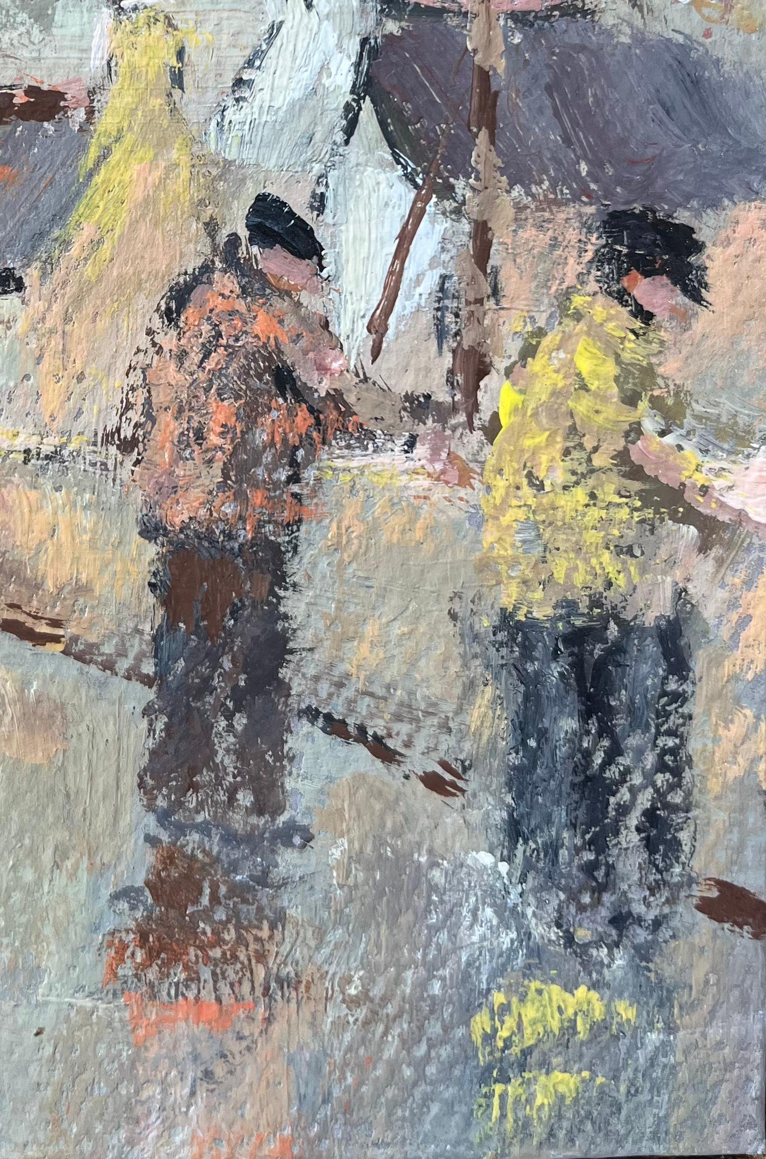Peinture à l'huile impressionniste française représentant une scène de deux personnages le long d'un port de courtoisie - Impressionnisme Painting par Fanch Lel