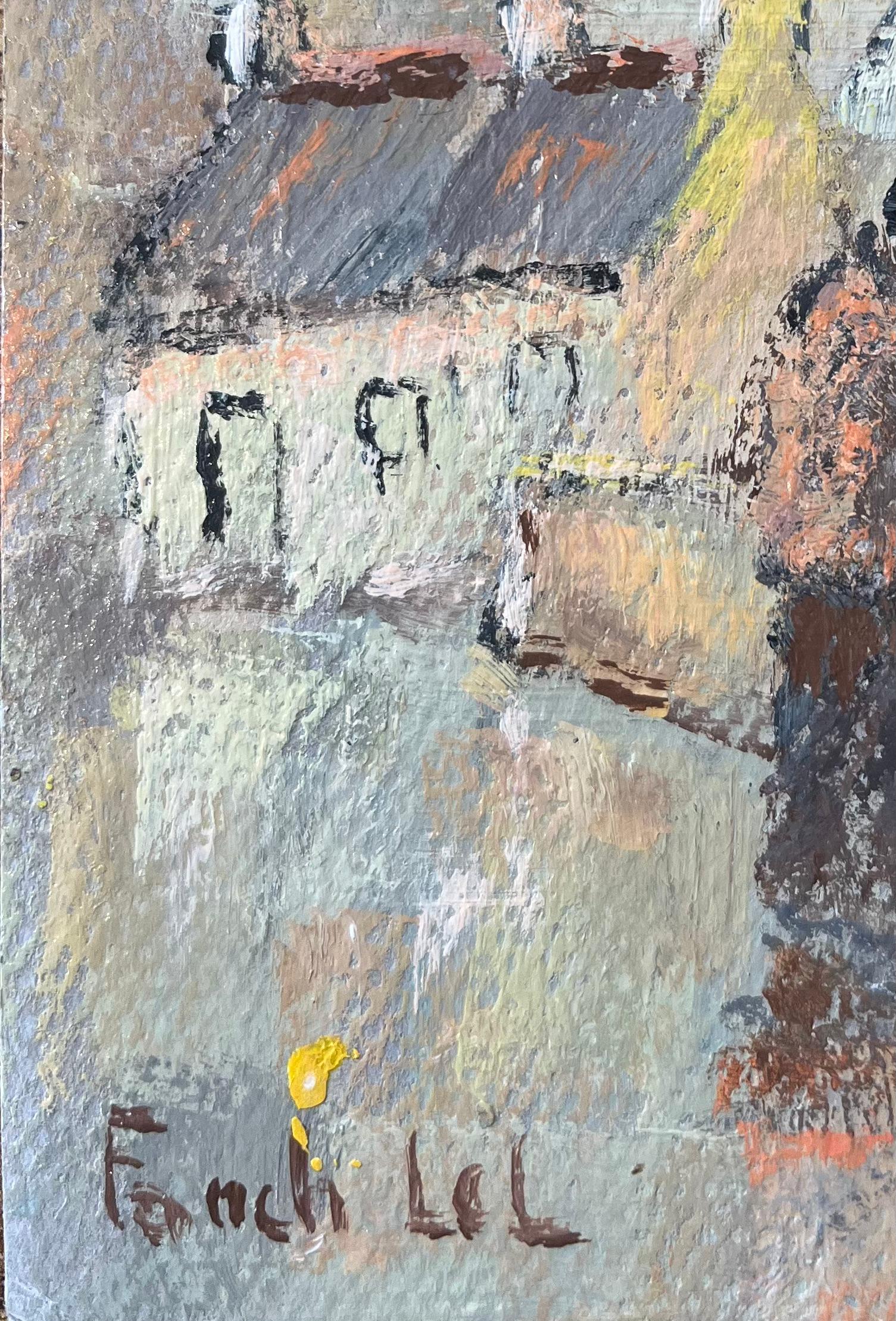 Peinture à l'huile impressionniste française représentant une scène de deux personnages le long d'un port de courtoisie - Gris Figurative Painting par Fanch Lel