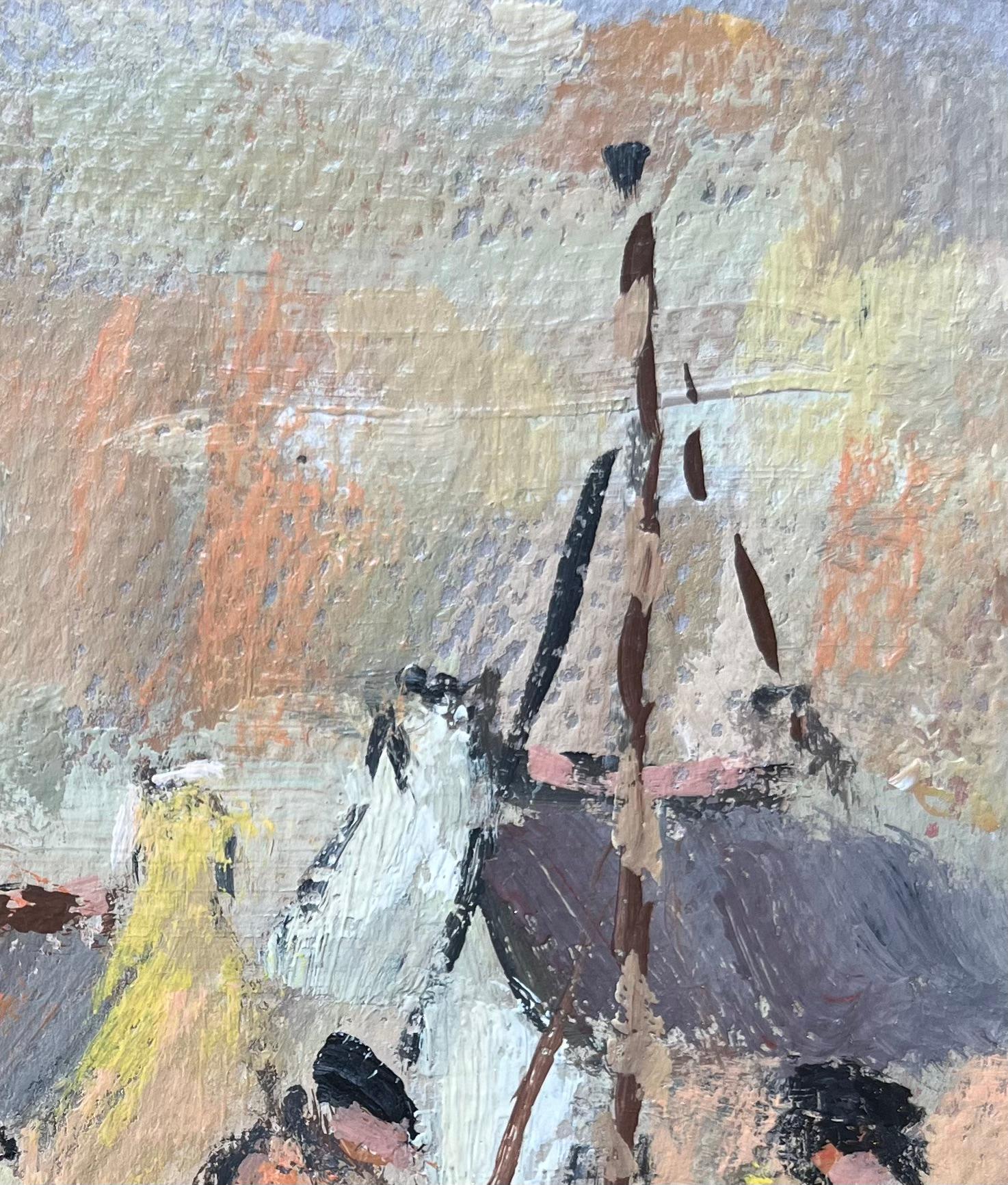 Peinture à l'huile impressionniste française représentant une scène de deux personnages le long d'un port de courtoisie en vente 1