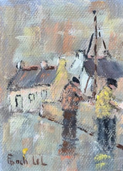Peinture à l'huile impressionniste française représentant une scène de deux personnages le long d'un port de courtoisie