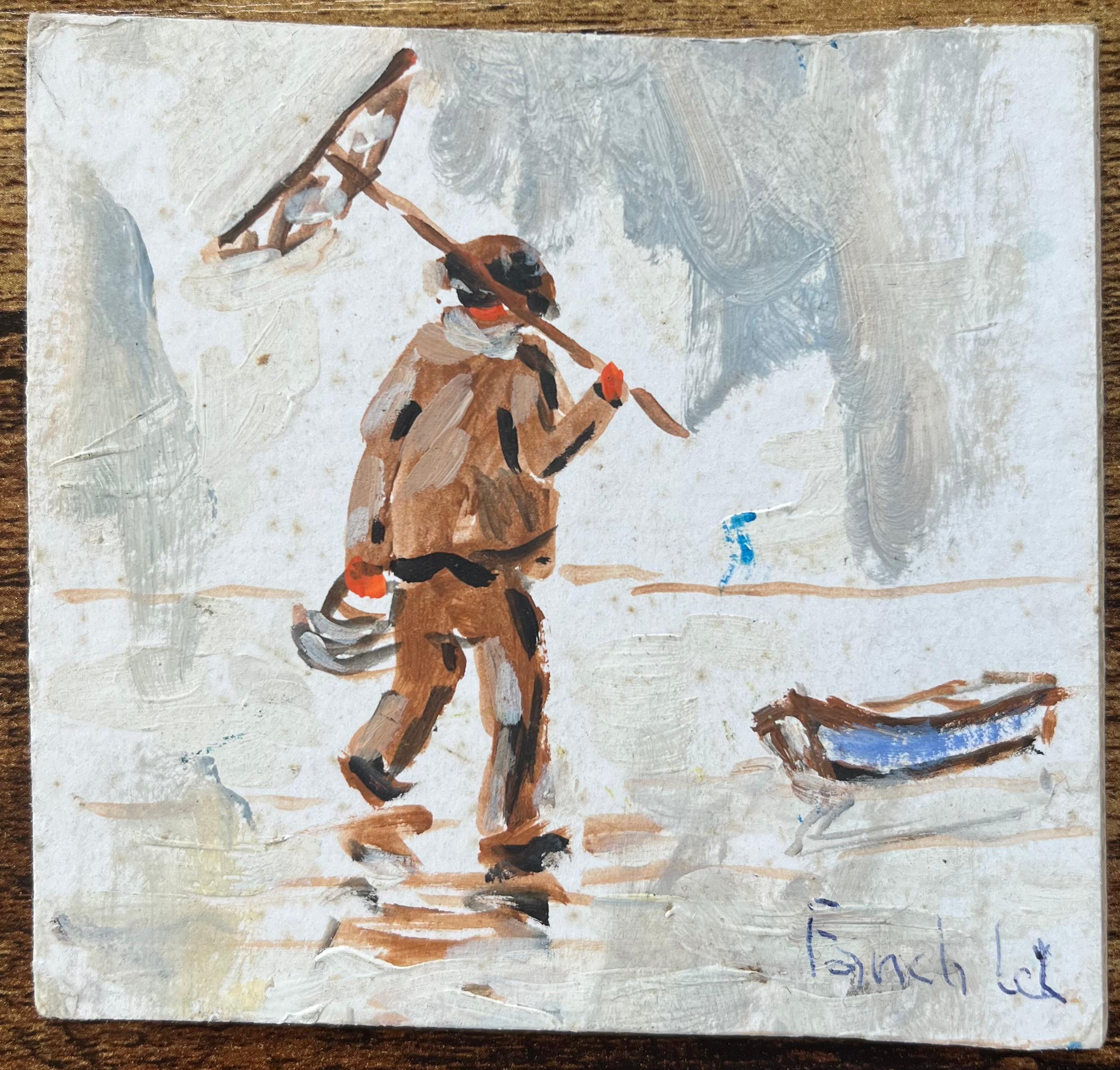 Französisches impressionistisches Ölgemälde eines am SHORE entlang schreitenden Krabbenfischers – Painting von Fanch Lel