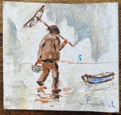 Peinture à l'huile impressionniste française d'un pêcheur de marais striant le long de la côte