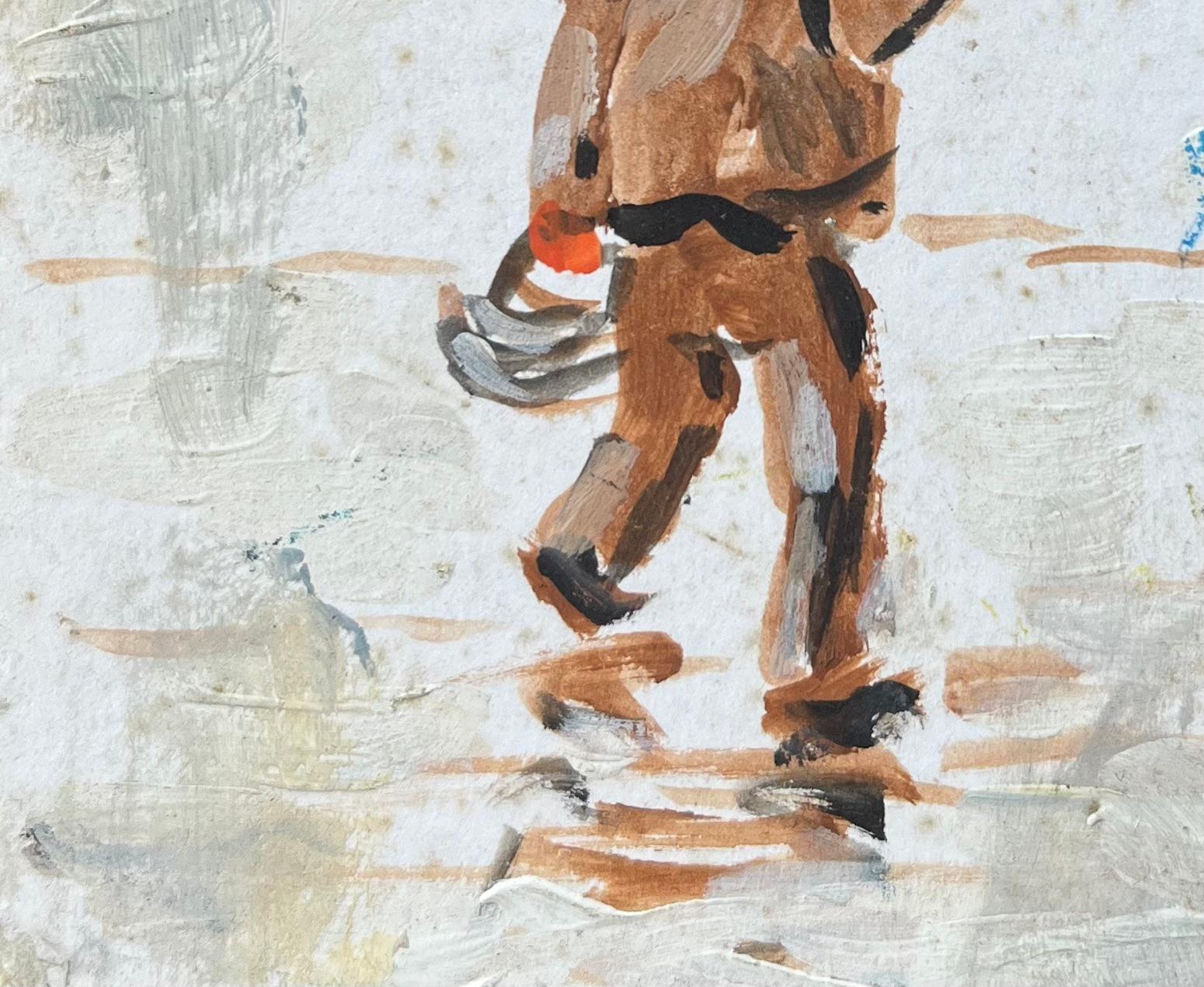Französisches impressionistisches Ölgemälde eines am SHORE entlang schreitenden Krabbenfischers (Grau), Landscape Painting, von Fanch Lel