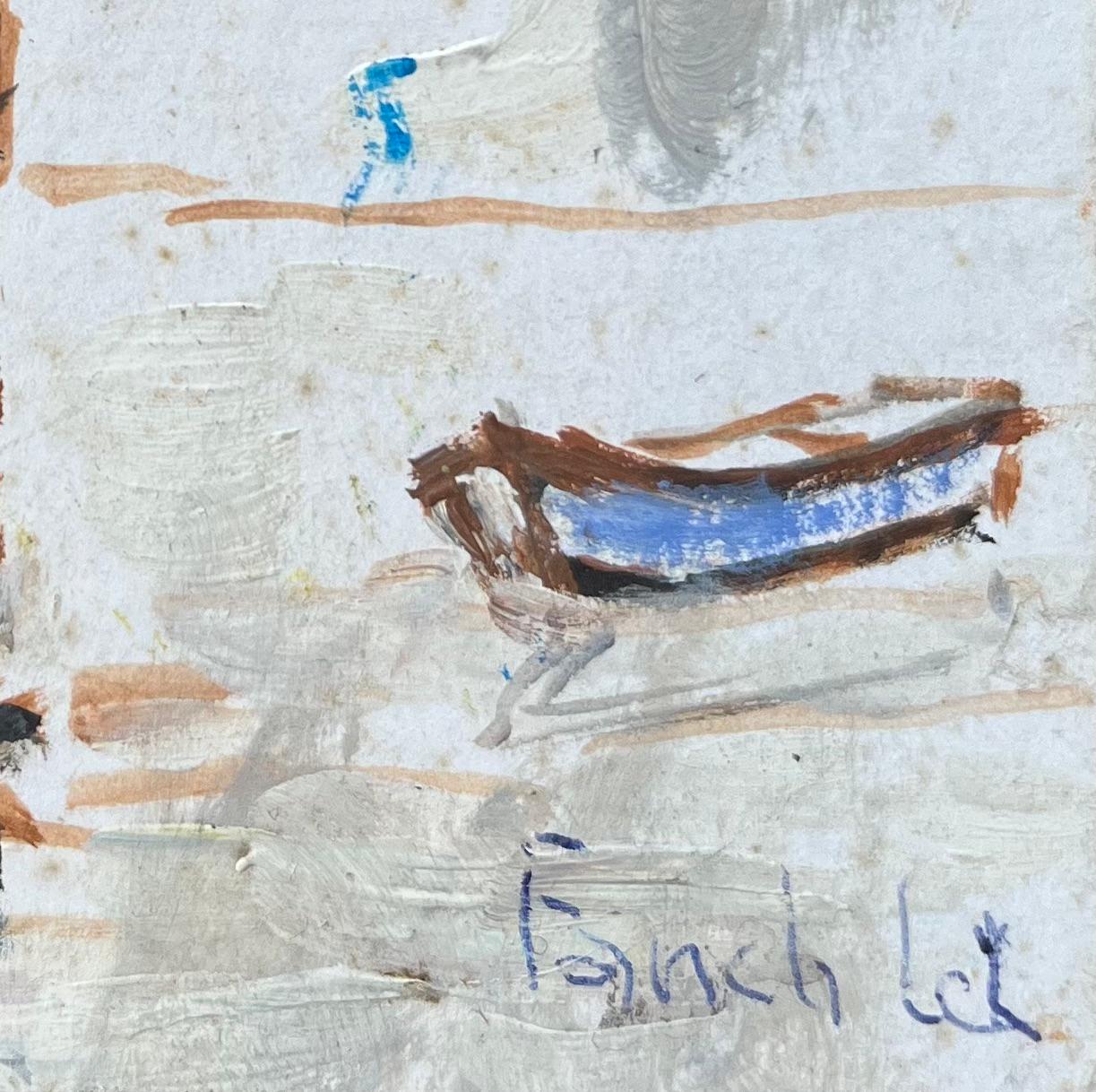 Titel: Französischer Impressionist, Ölgemälde eines Krabbenfischers, der am Ufer entlang schreitet
Von Fanch Lel (Franzose, geb. 1930)
Größe: 3,75 x 4 Zoll (Höhe x Breite)
Unterschrieben: Ja
Ölgemälde auf Karton, ungerahmt
Zustand: Das Gemälde ist