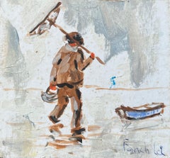 Vintage French Impressionist Oil Painting of a Shrimp Fisherman Striding Along the Shore