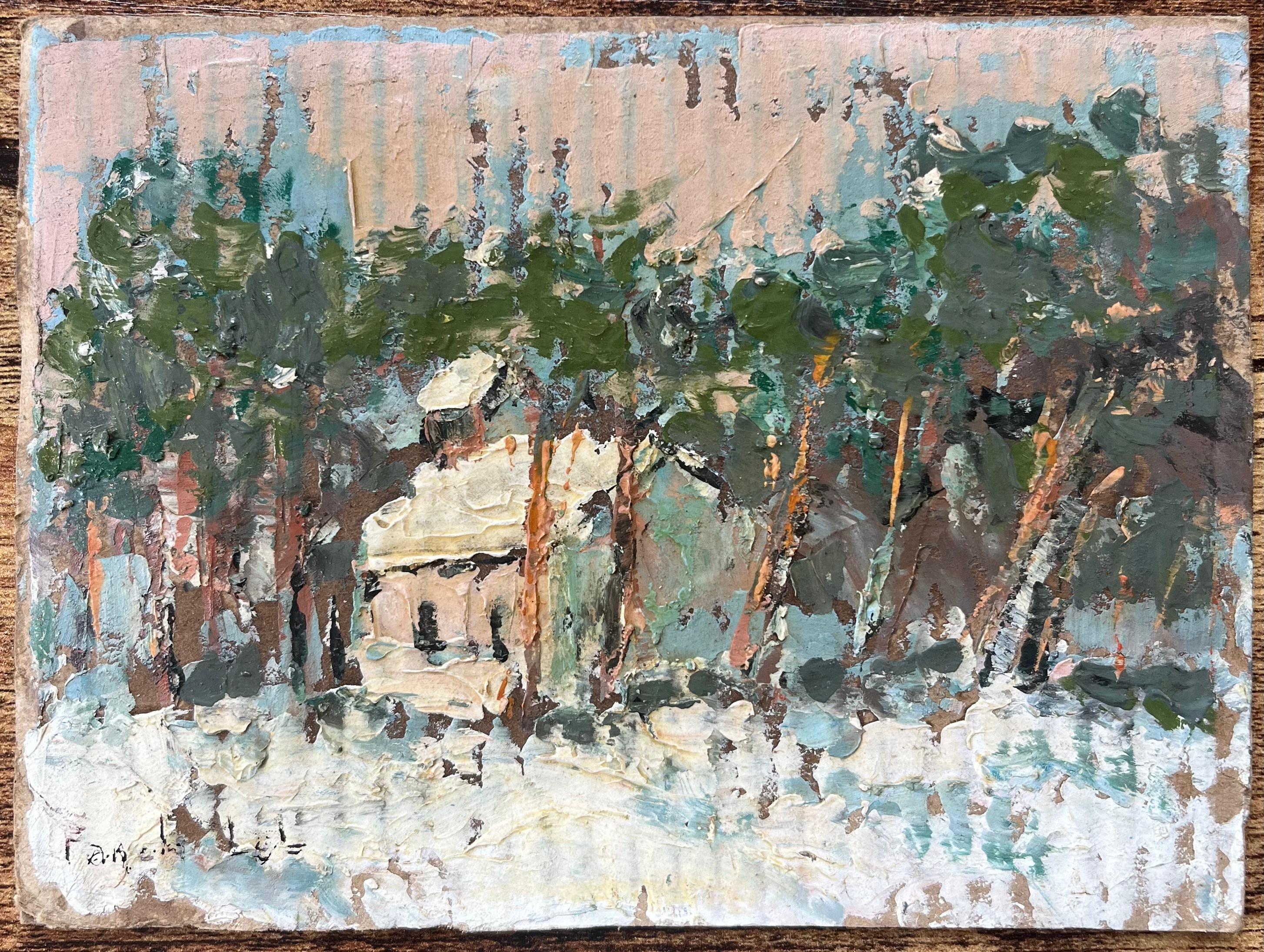 French Impressionist Oil Painting of a Snow-Covered Chapel in the Forest - Gray Figurative Painting by Fanch Lel