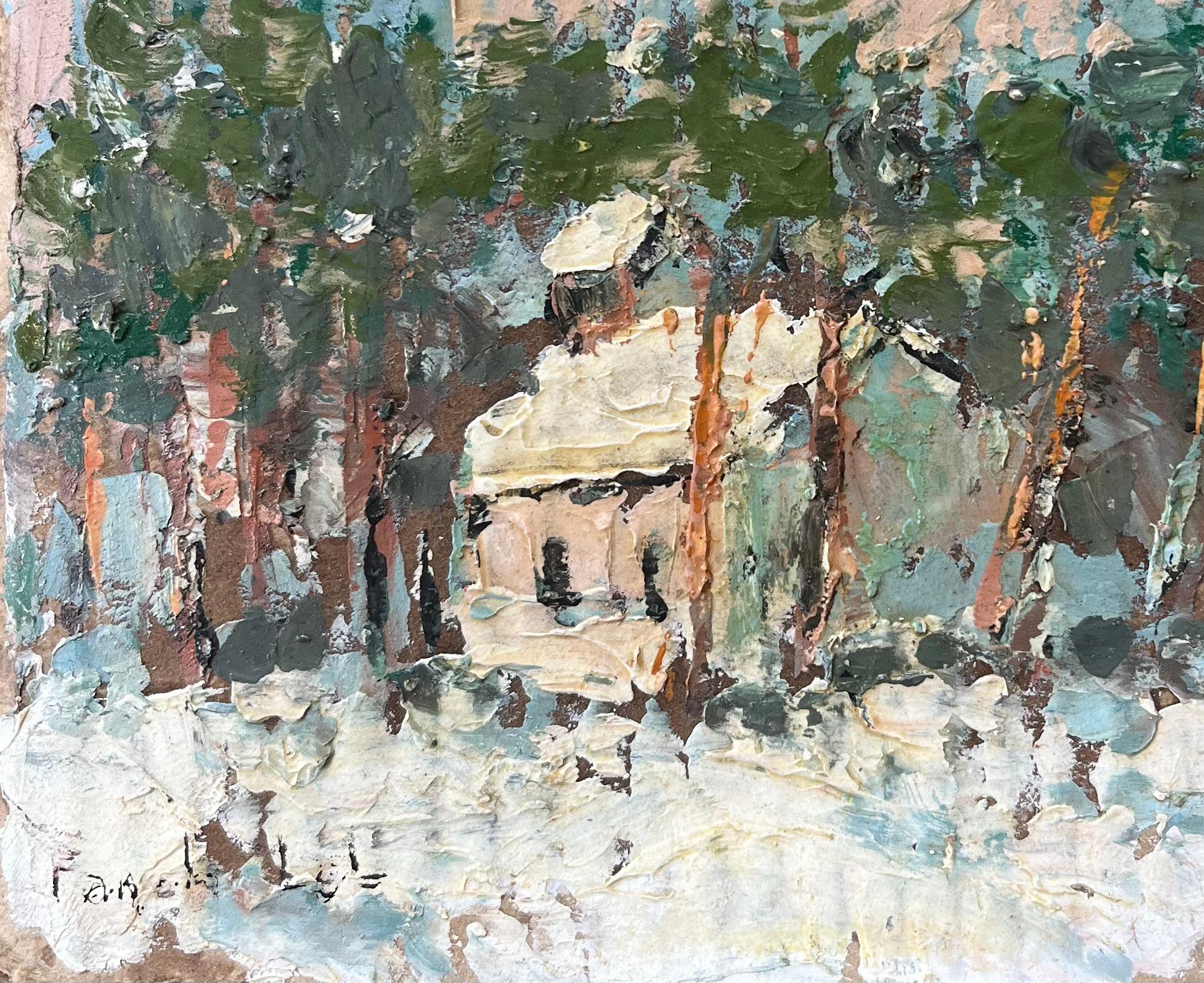 French Impressionist Oil Painting of a Snow-Covered Chapel in the Forest For Sale 1