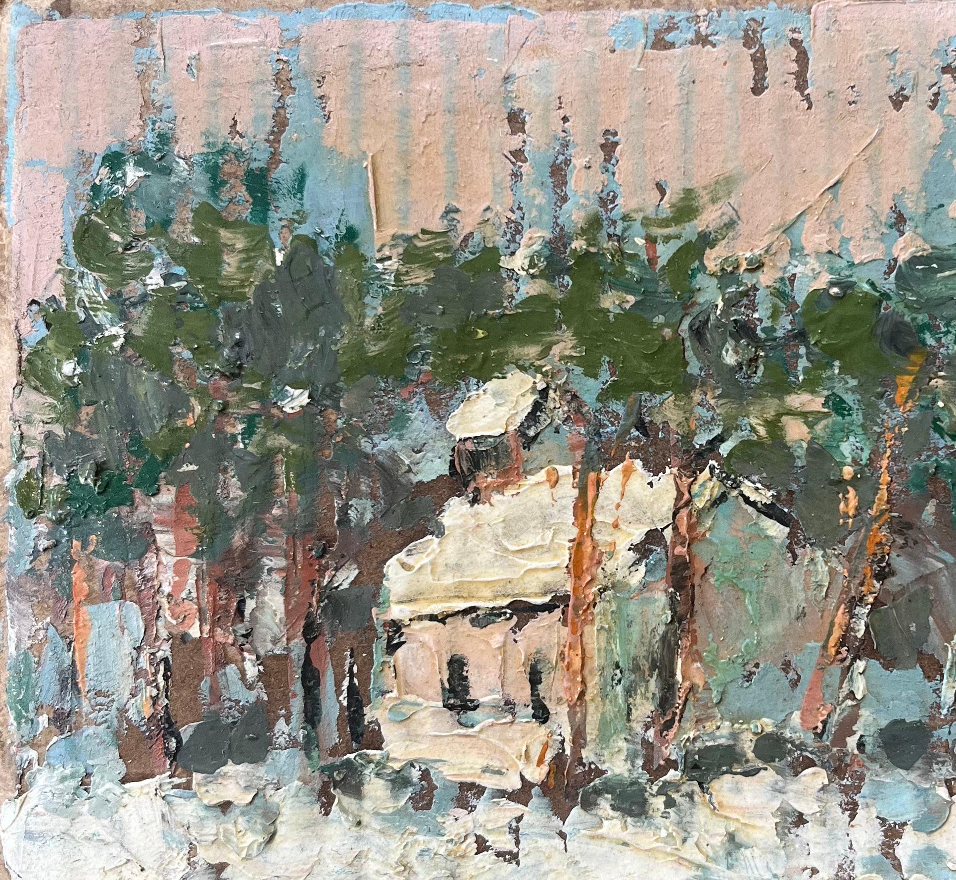 French Impressionist Oil Painting of a Snow-Covered Chapel in the Forest For Sale 2