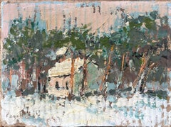 Peinture à l'huile impressionniste française d'une chapelle recouverte de neige dans la forêt