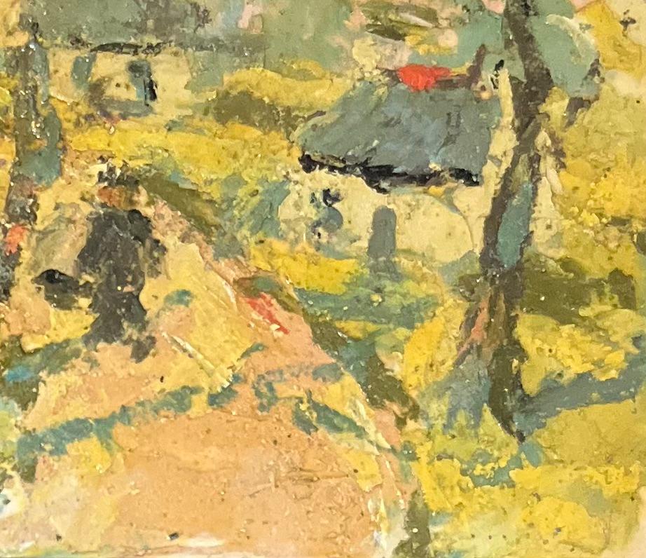 Title: French Impressionist Oil Painting of a Sunlit Village Scene
By Fanch Lel (French b. 1930)
Size: 5.25 x 5.75 inches (height x width)
Signed: Yes
Oil painting on board, unframed
Condition: The painting is in good condition, with minor signs of