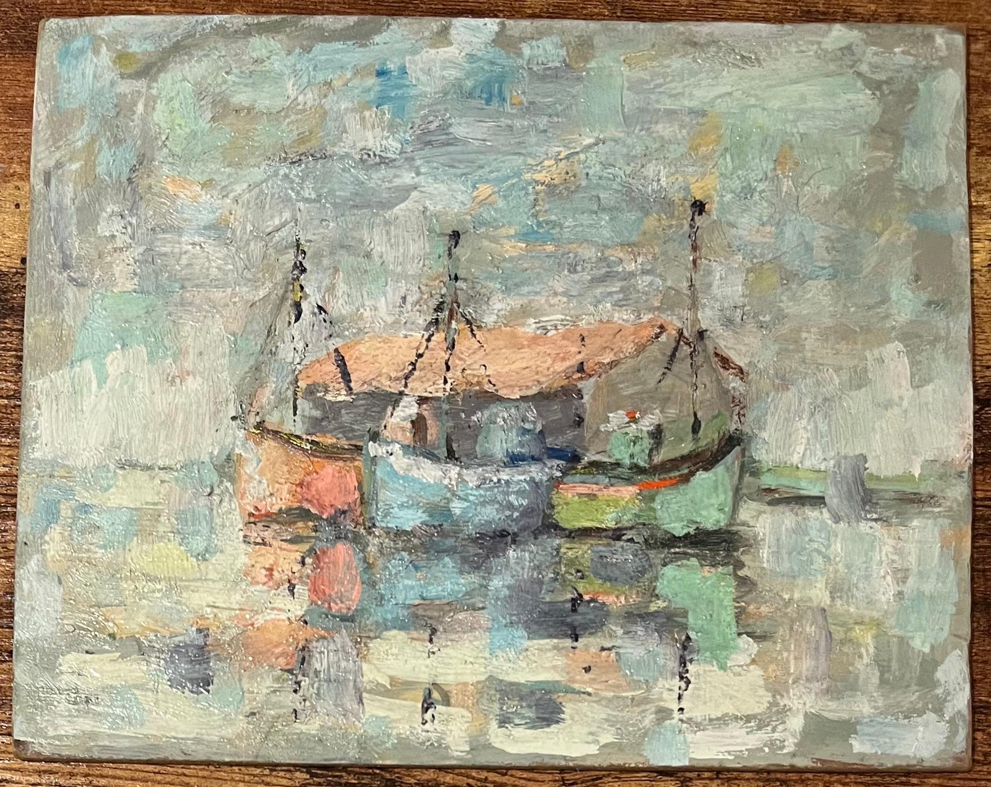 French Impressionist Oil Painting of a Tranquil Scene of Fishing Boats at Rest - Gray Landscape Painting by Fanch Lel